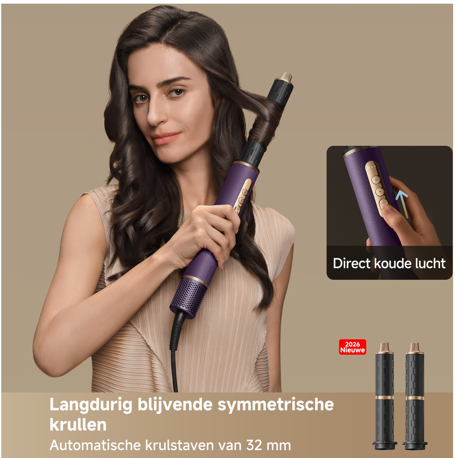 Woman using purple curling iron, curling hair. Detail view shows controls.