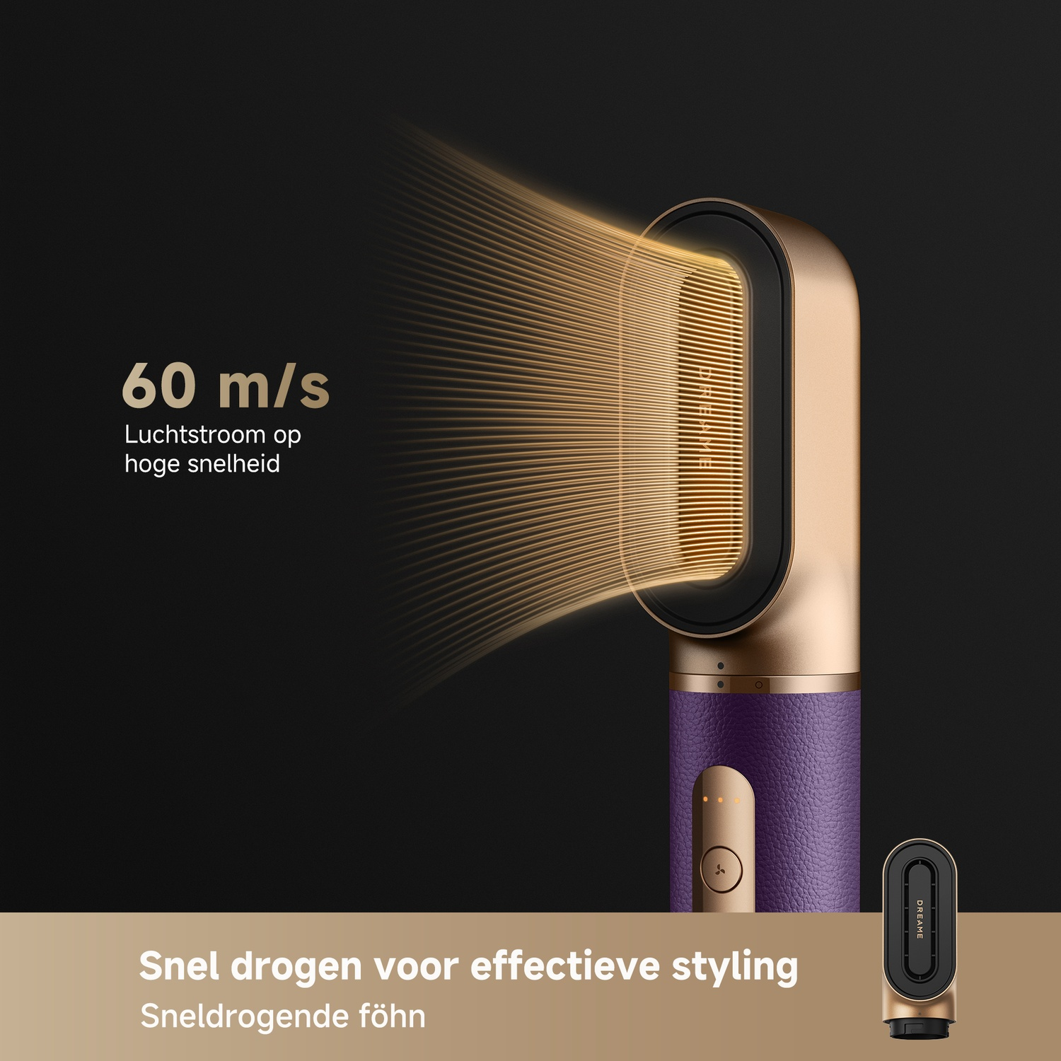 Gold hair dryer with purple handle, blowing air at 60 m/s