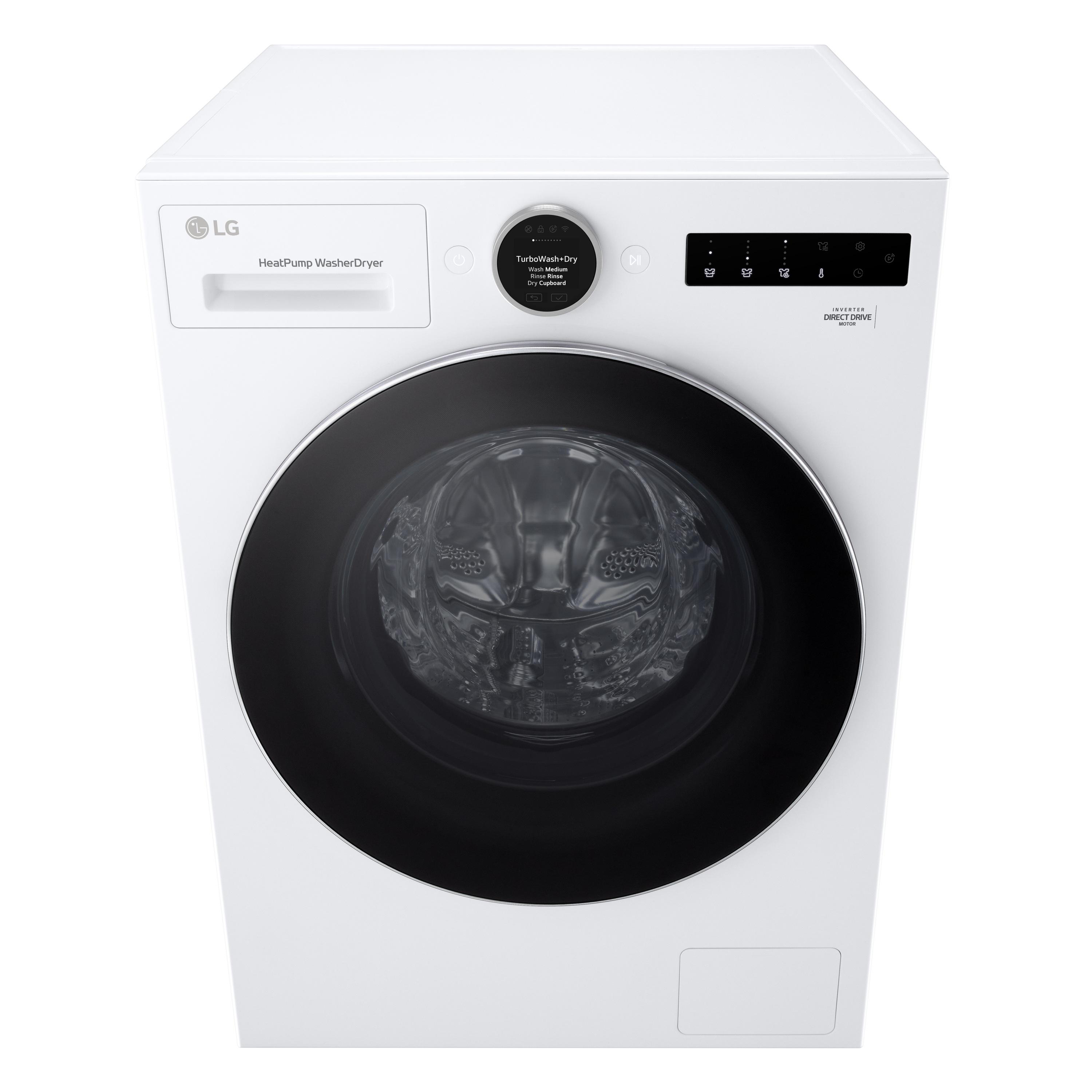 Eine weiße LG Wärmepumpen-Waschmaschine mit schwarzer Tür und digitalem Display.