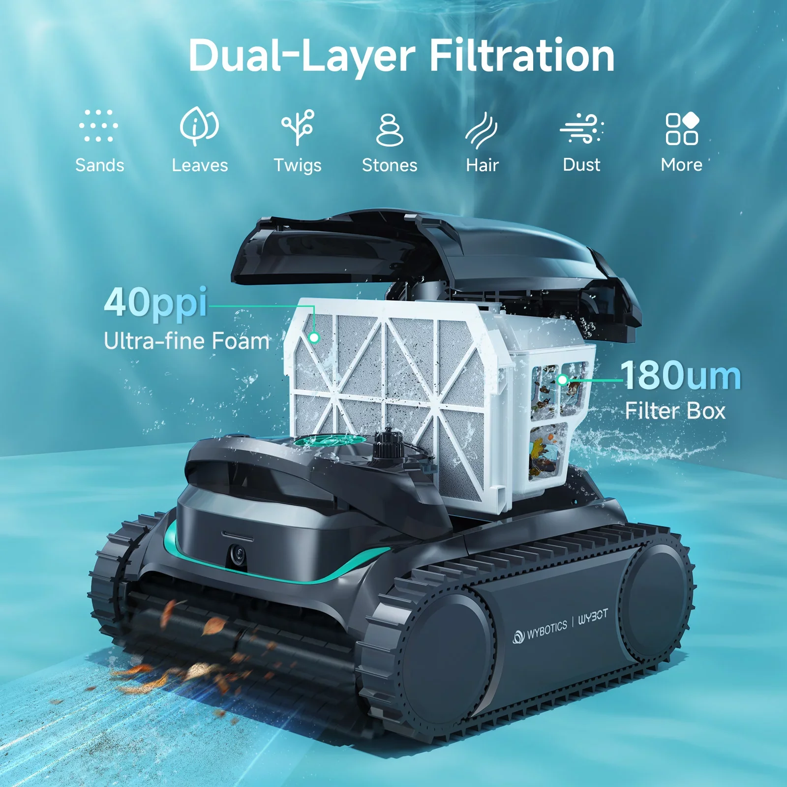 Egy fekete medence robot porszívó nyitott szűrőtartóval, leveleket gyűjtve.