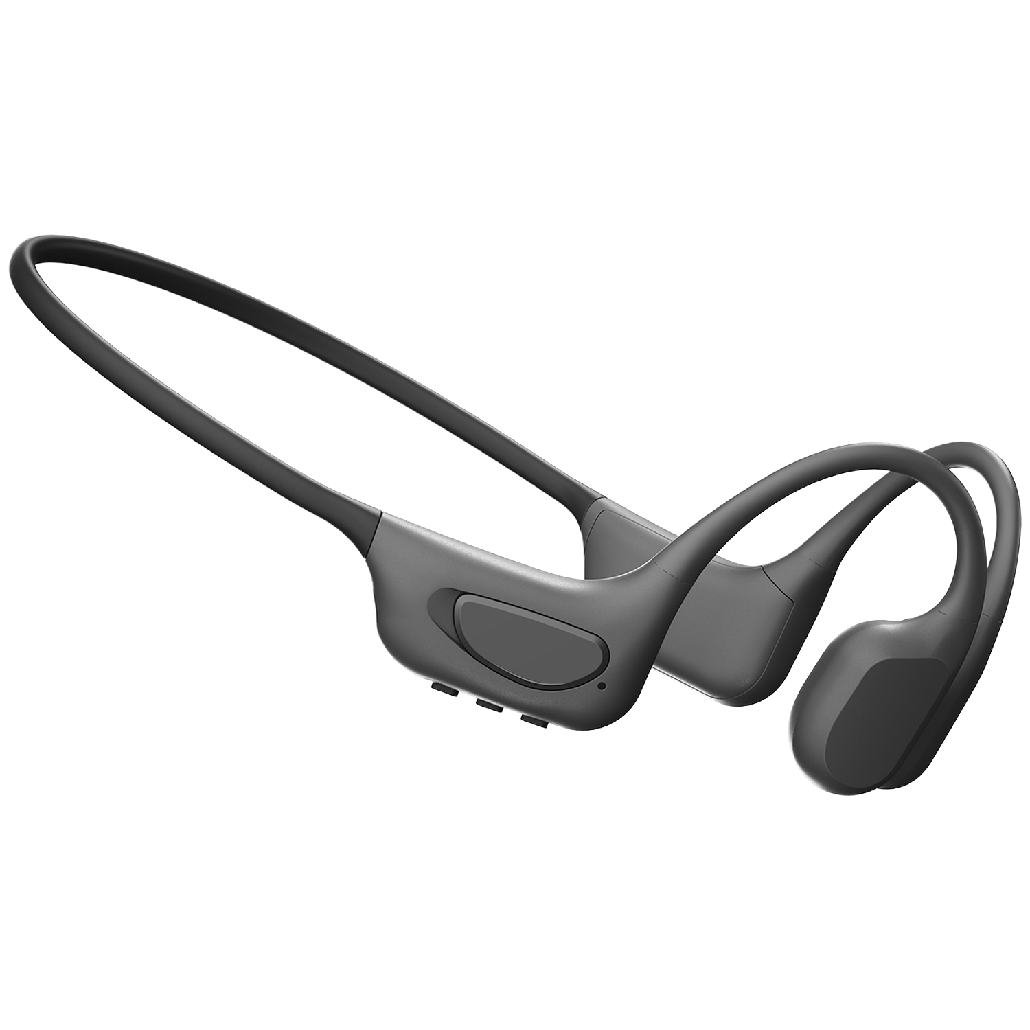 Grijze bone conduction koptelefoon met hoofdband en bedieningselementen op witte achtergrond.