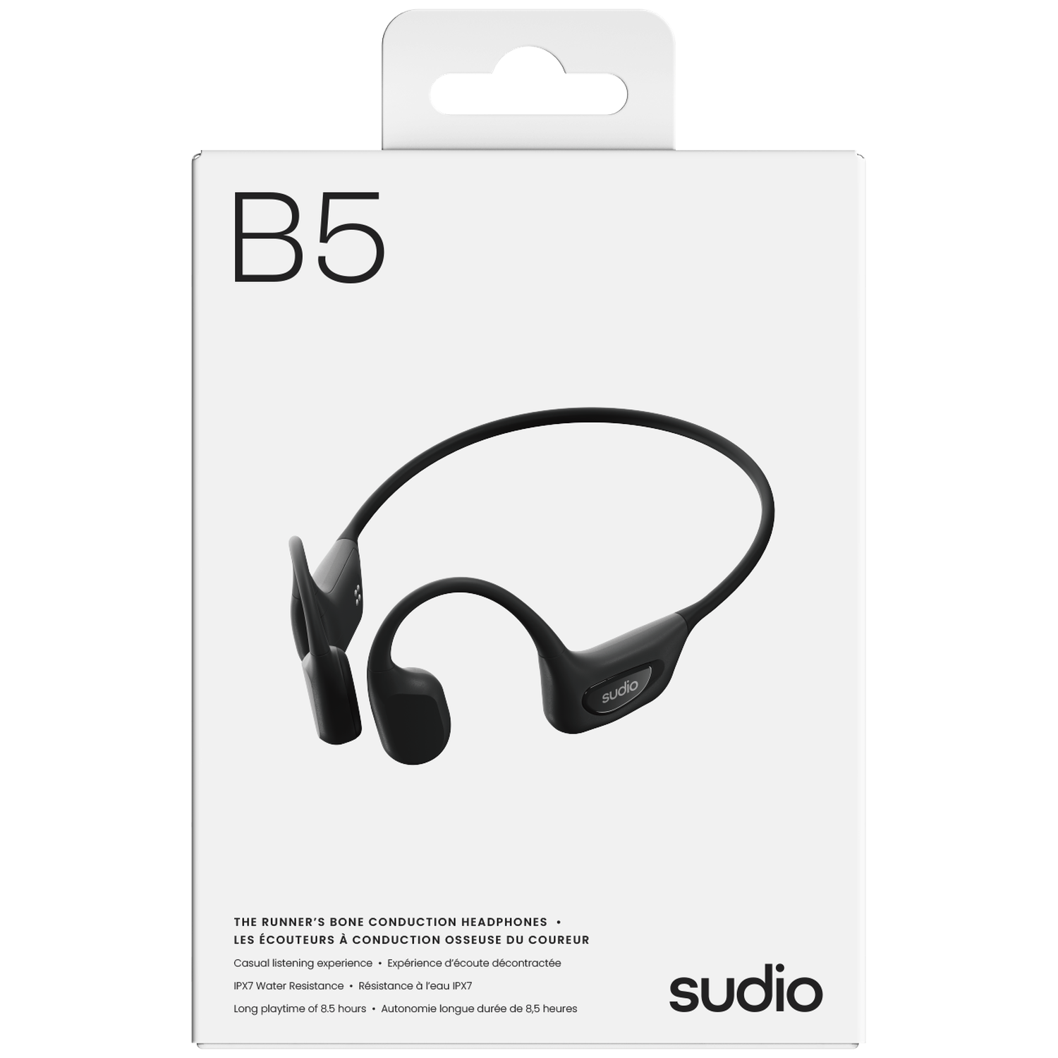 Doos met zwarte bone conduction koptelefoon, met "B5" en "Sudio" logo.