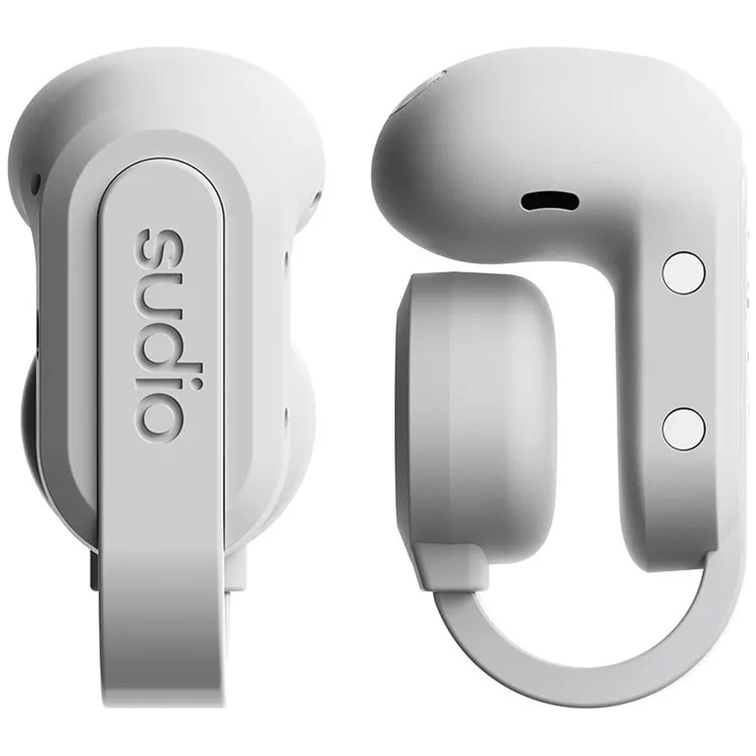 Two white Sudio earbuds side by side, one on the left, one on the right.