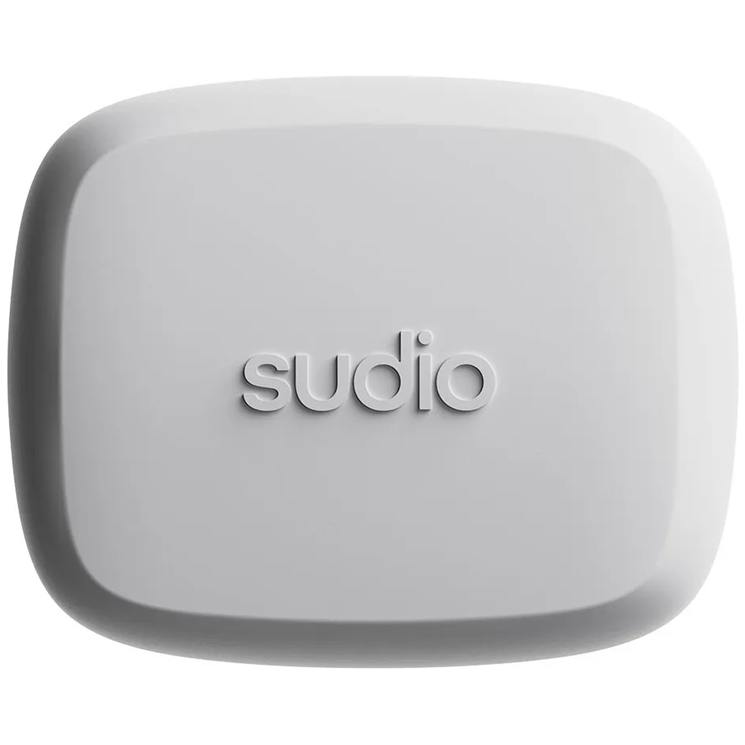 A white Sudio earbud case with rounded corners.