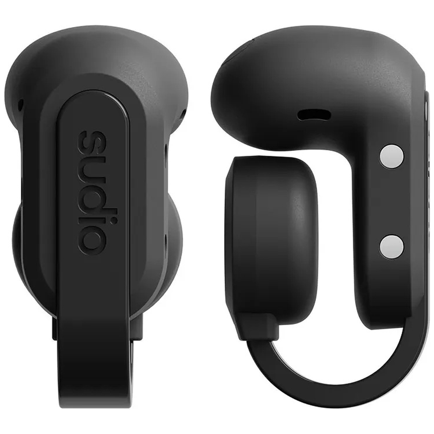 Two black wireless earbuds, one side features the Sudio logo.