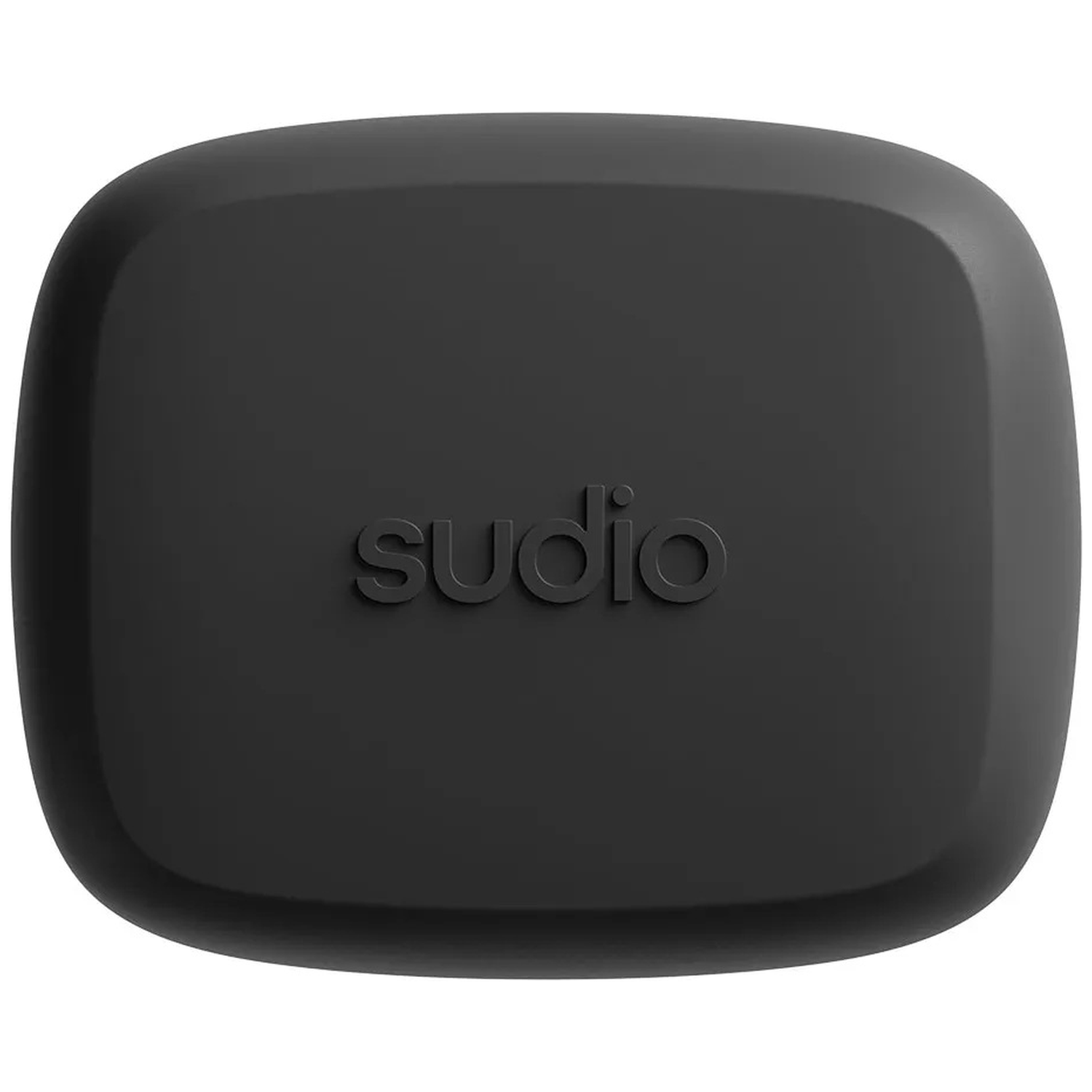 Black charging case with the embossed Sudio logo.