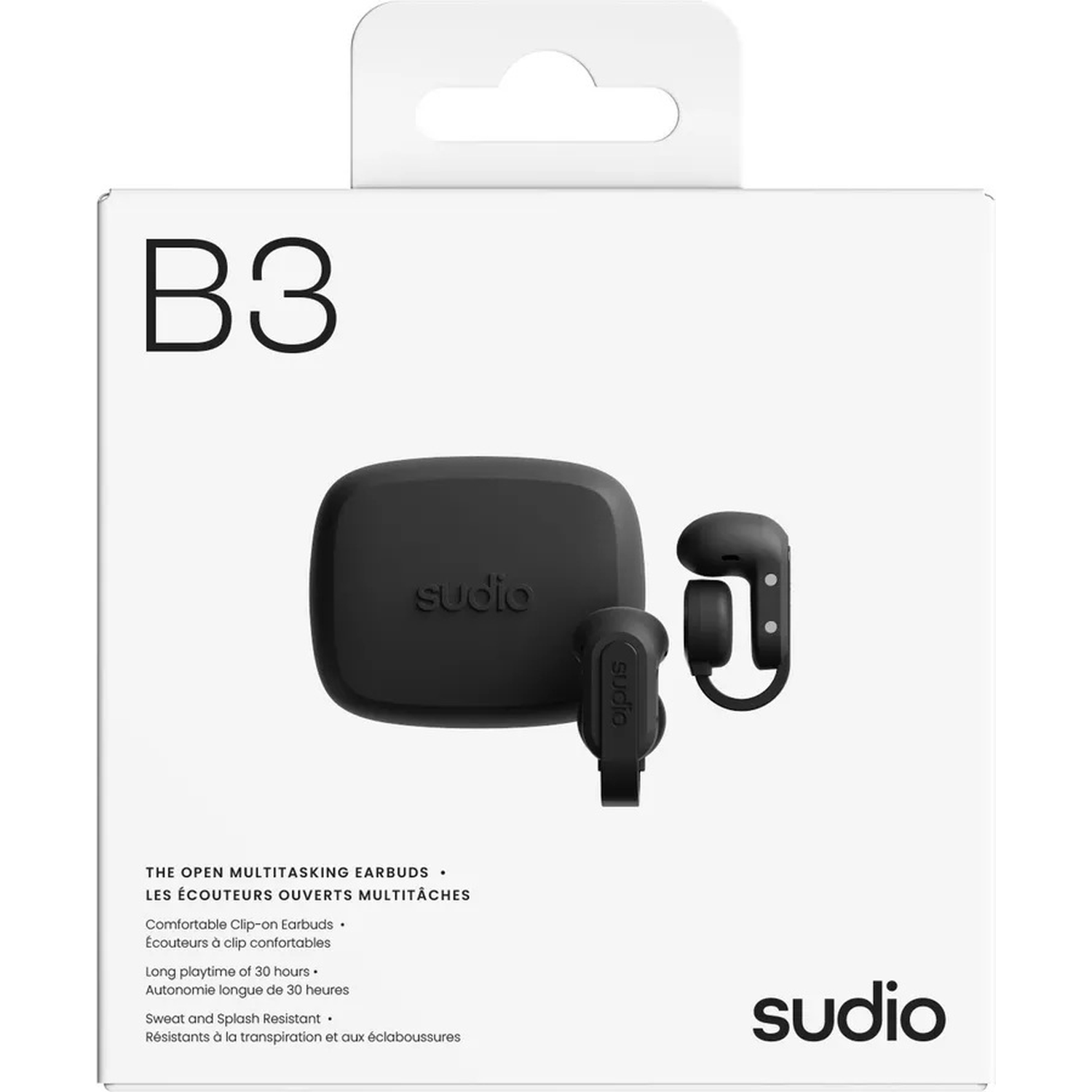 Black Sudio B3 earbuds packaging with earbuds and charging case.