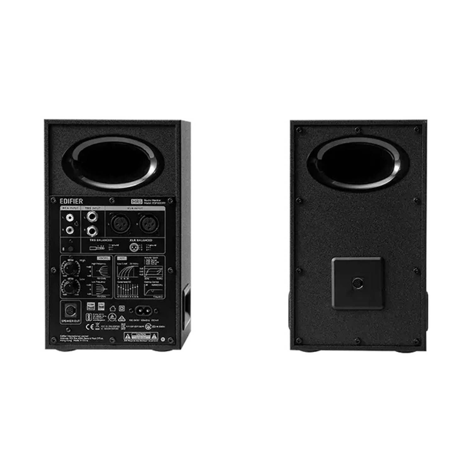 Retro di un altoparlante nero con connessioni e controlli. Porta ovale sopra.