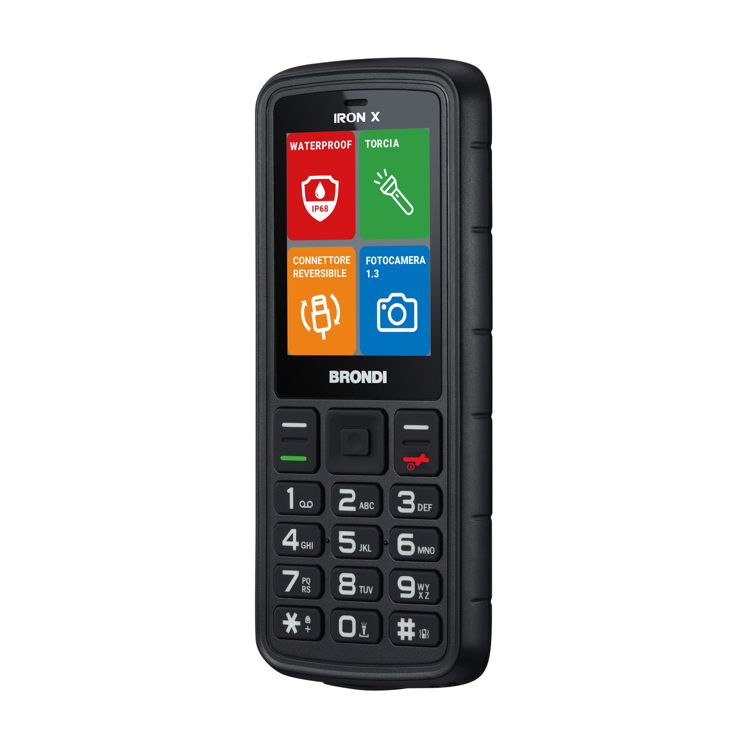 Un telefono cellulare nero Brondi IRON X con tastiera e schermo.