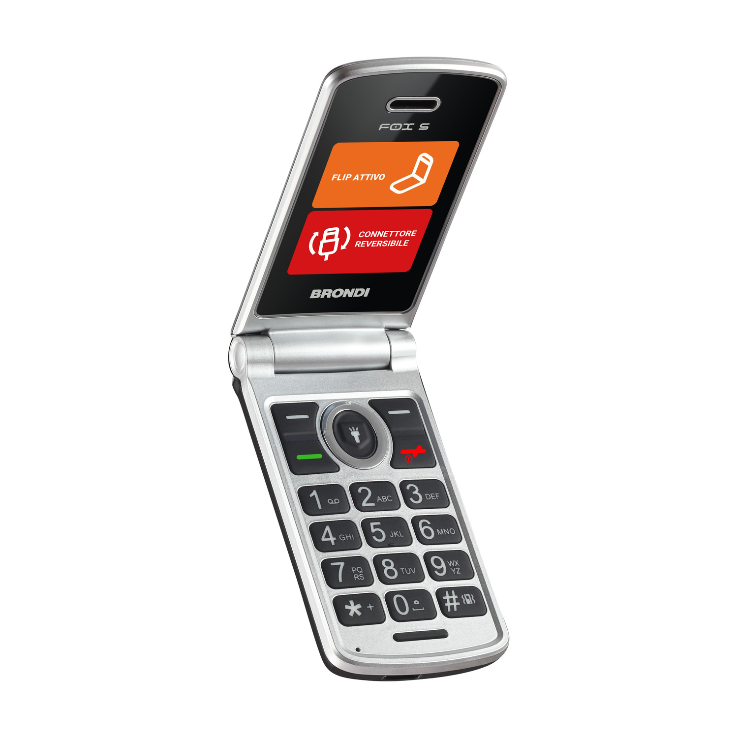 Un telefono a conchiglia Brondi argentato aperto con tastiera e schermo.