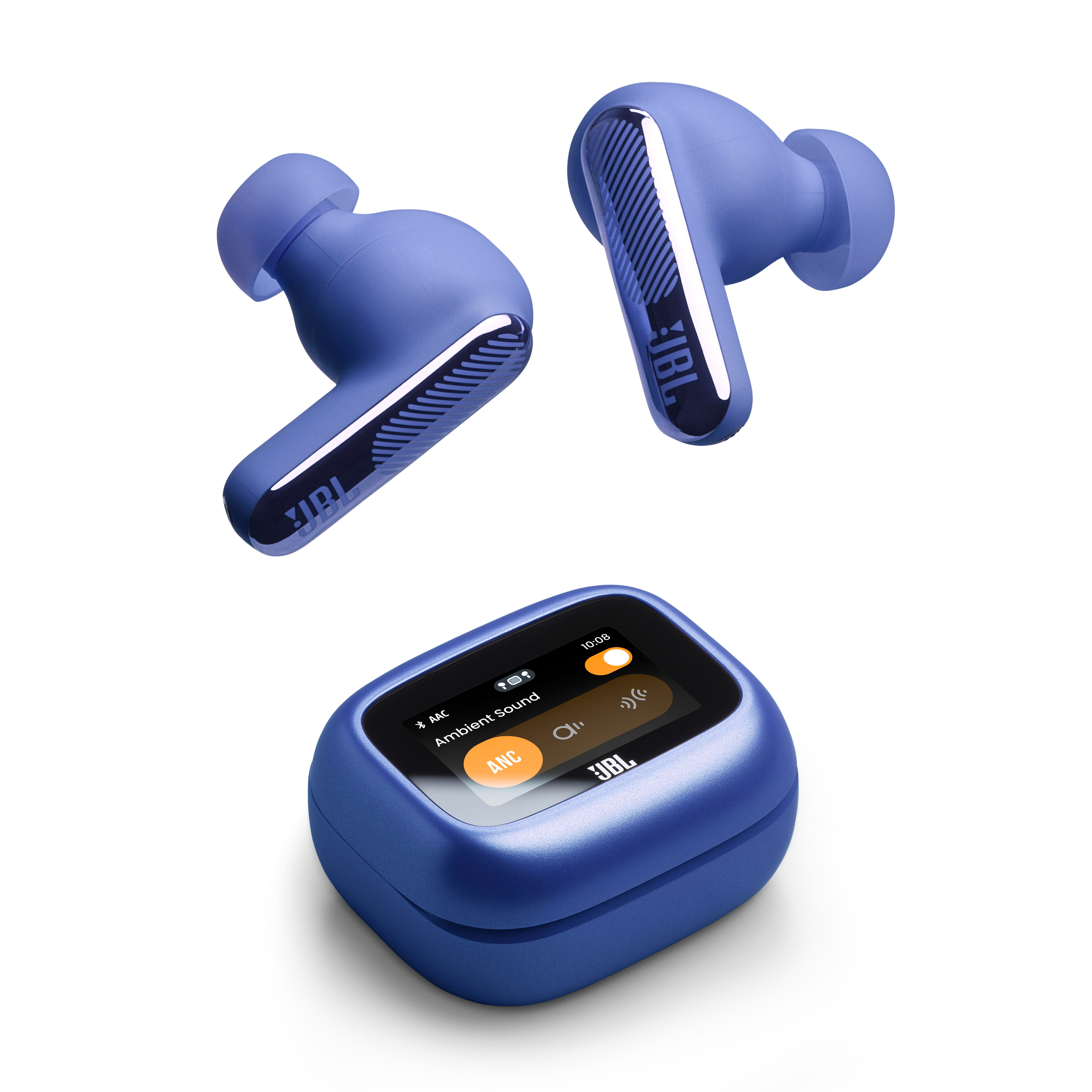 Blaue kabellose Kopfhörer und Ladecase mit JBL-Logo auf weißem Hintergrund.