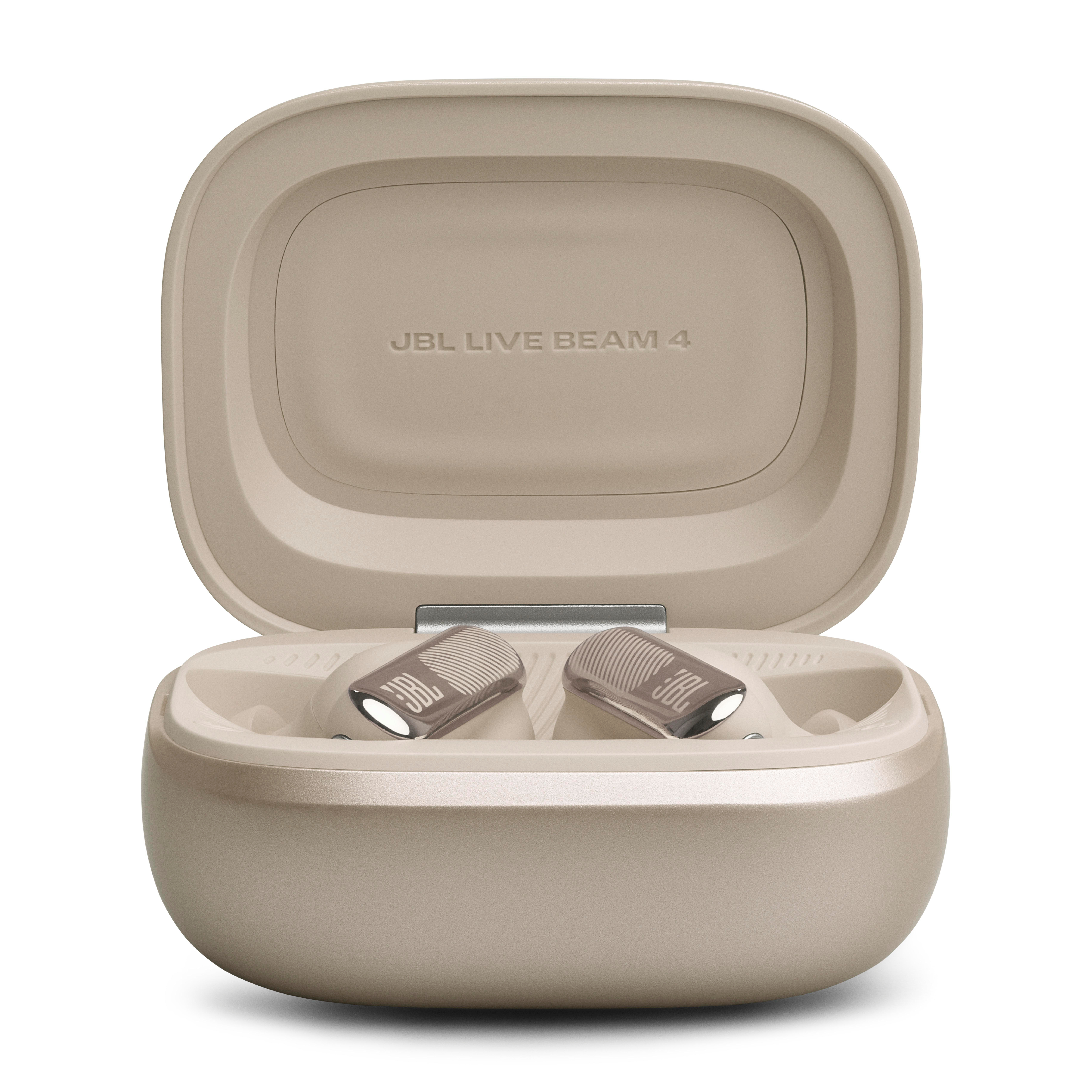Beige JBL Kopfhörer in offener Ladebox mit JBL LIVE BEAM 4 Schriftzug.