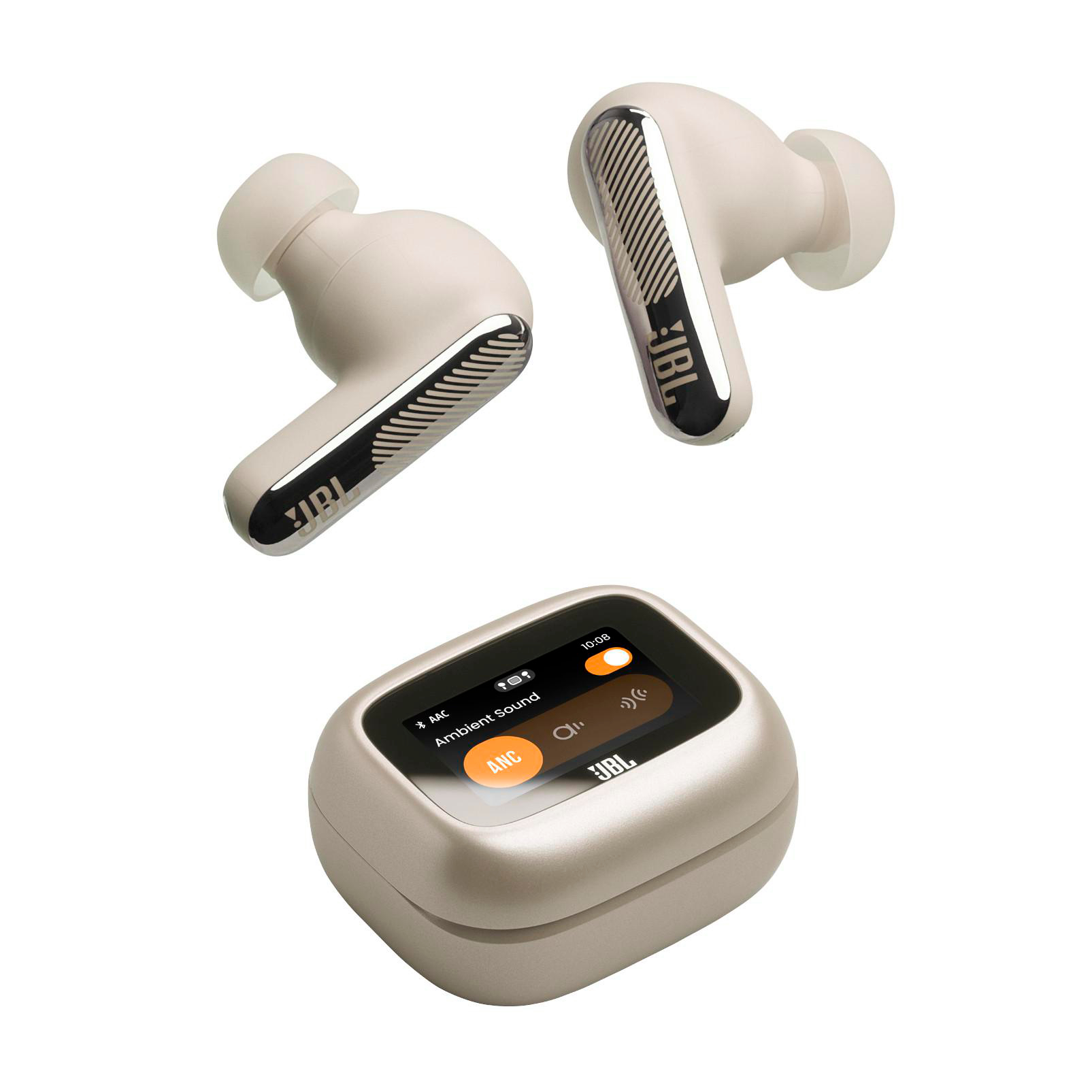 Zwei beige JBL-Kopfhörer und ein Ladecase mit Touchscreen-Display.