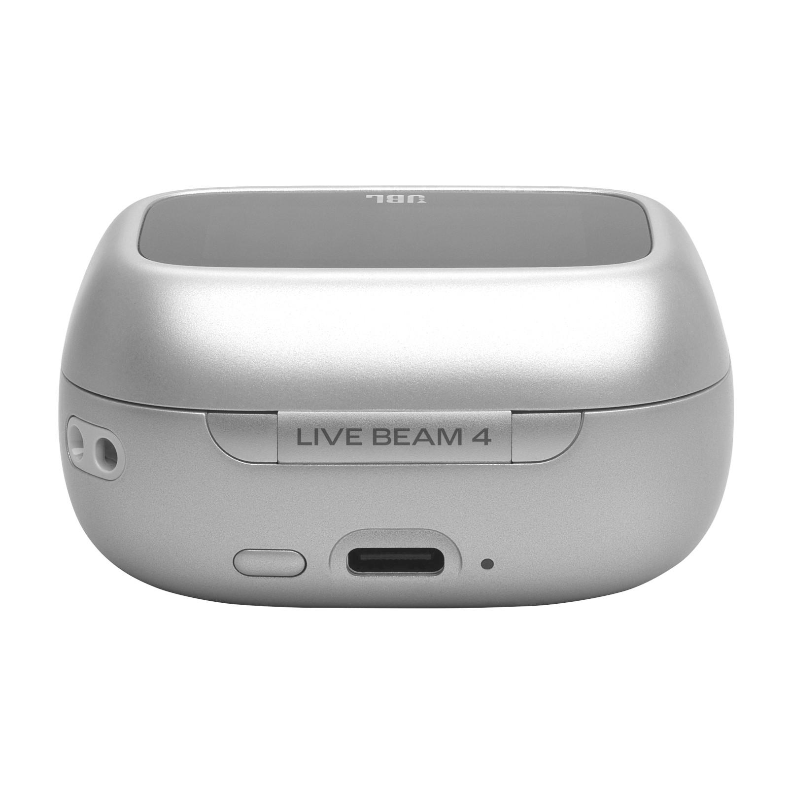 Silbernes Ladecase für Kopfhörer mit JBL-Logo und USB-C-Anschluss.