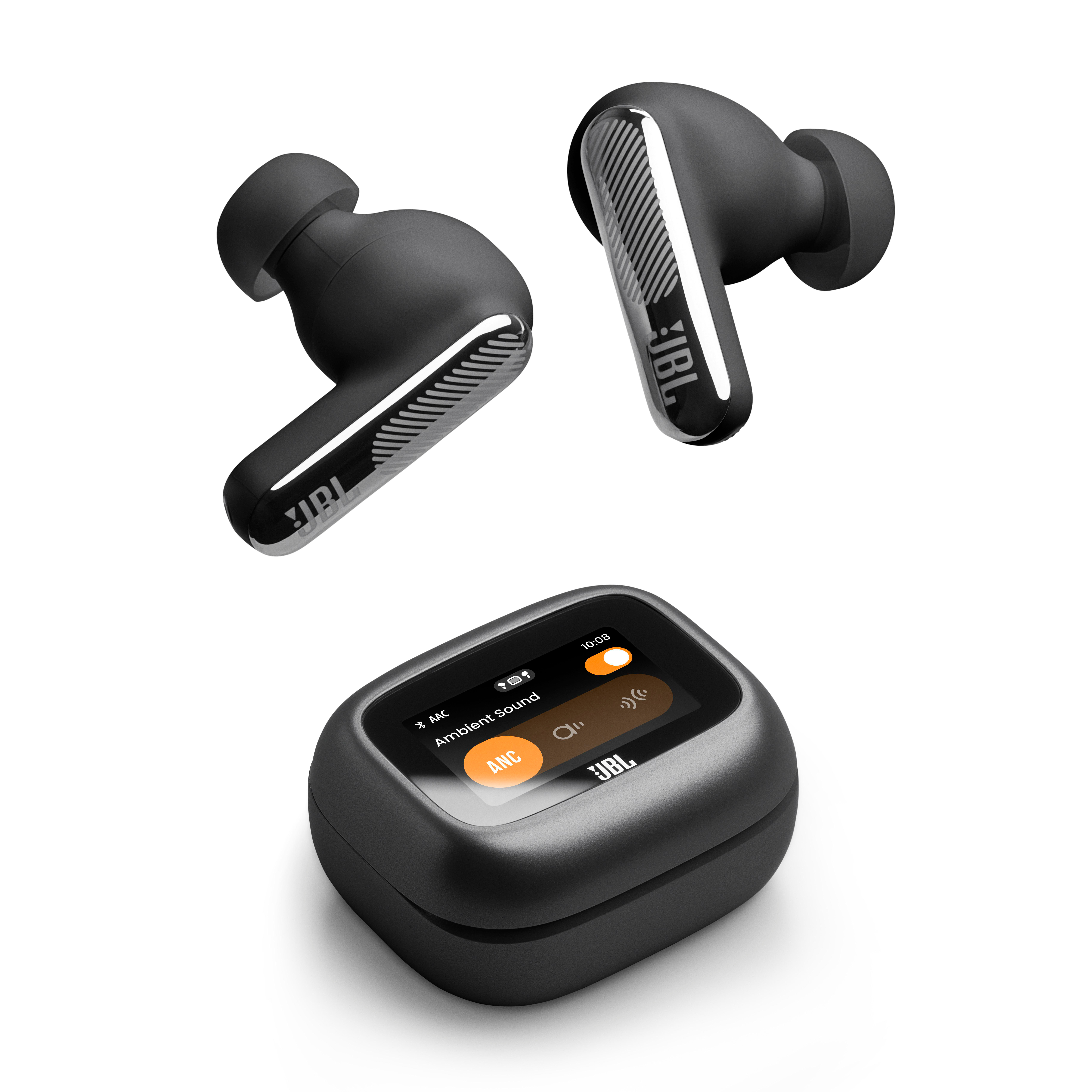 Schwarze kabellose Ohrhörer und Ladecase mit silbernen Details und JBL-Logo.