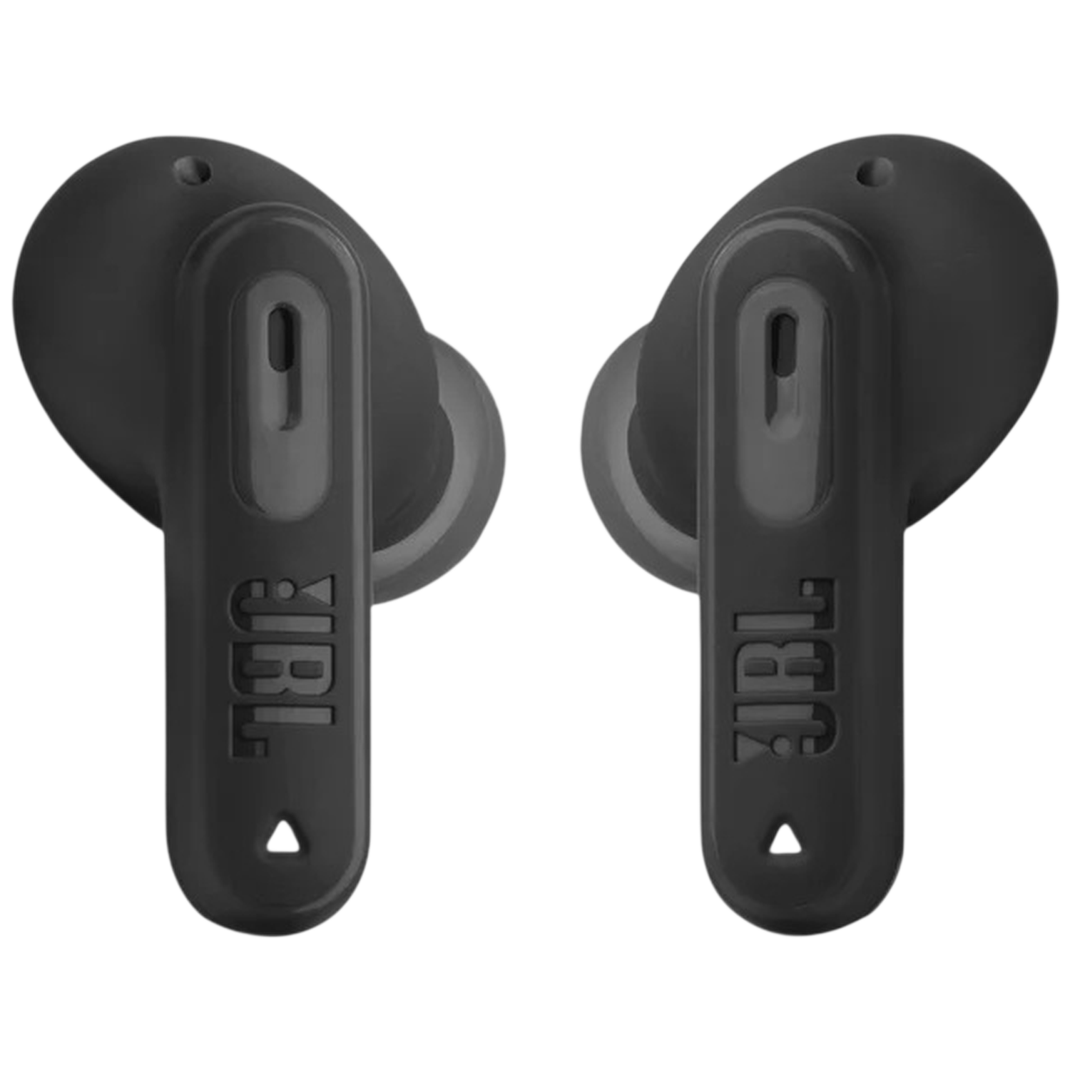 Two black JBL earbuds with charging case, isolated on a black background.