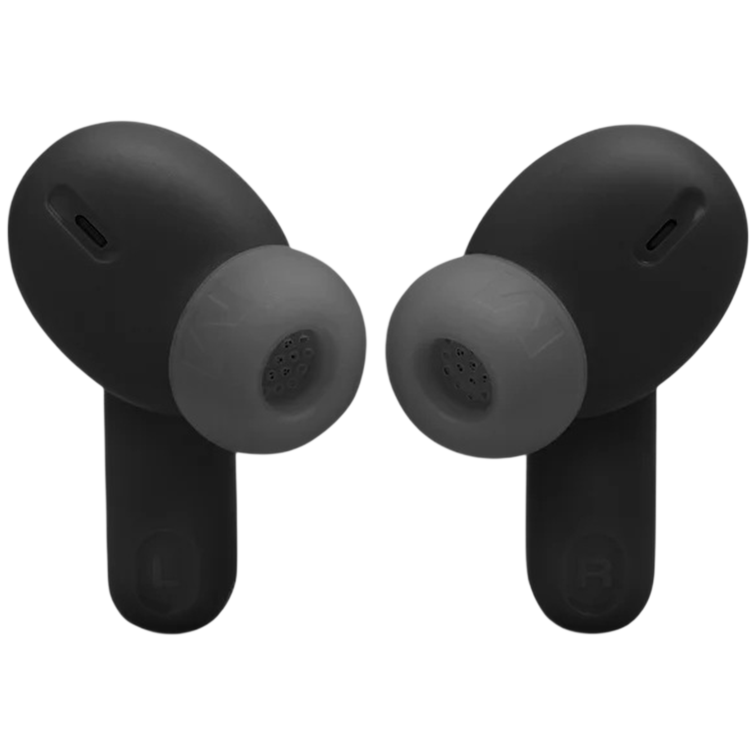 Two black wireless earbuds with grey tips, L and R on stems.
