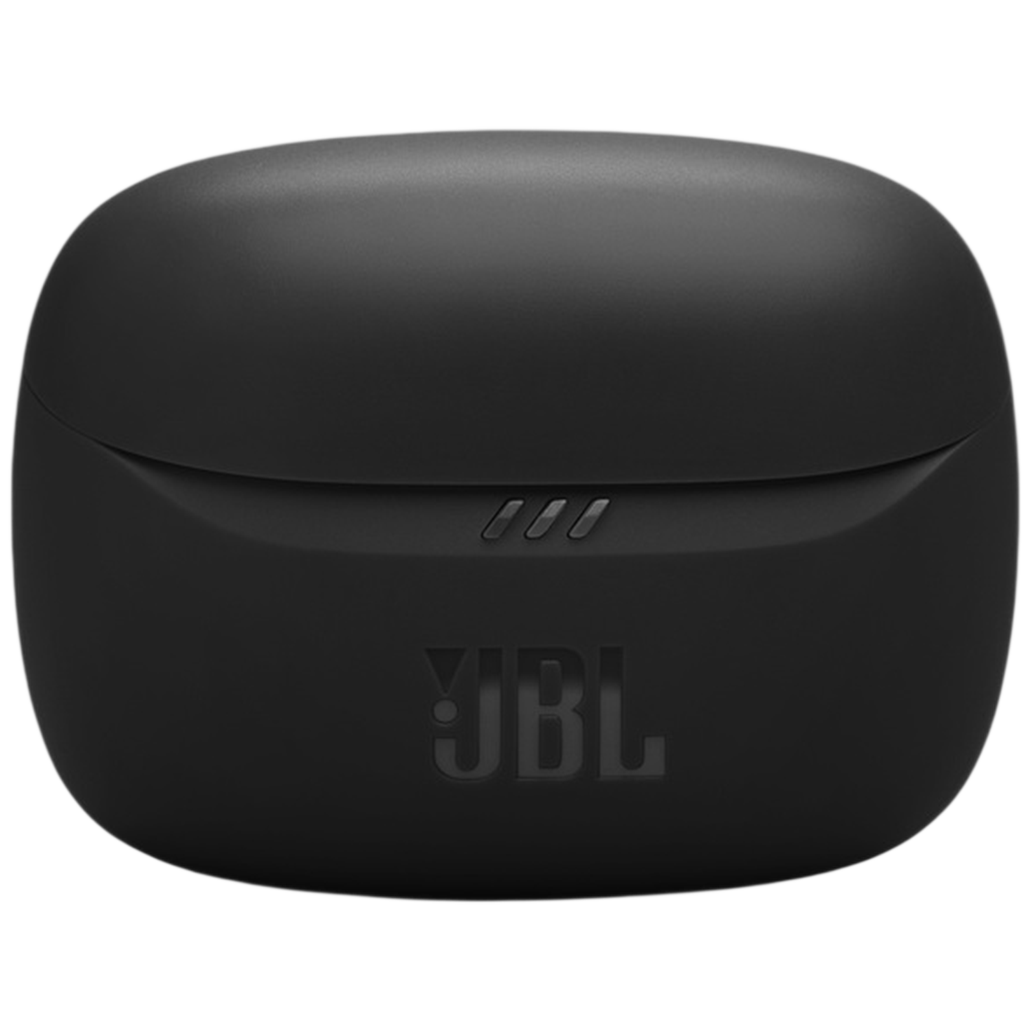 Black headphone charging case with JBL logo and charging indicator lights.
