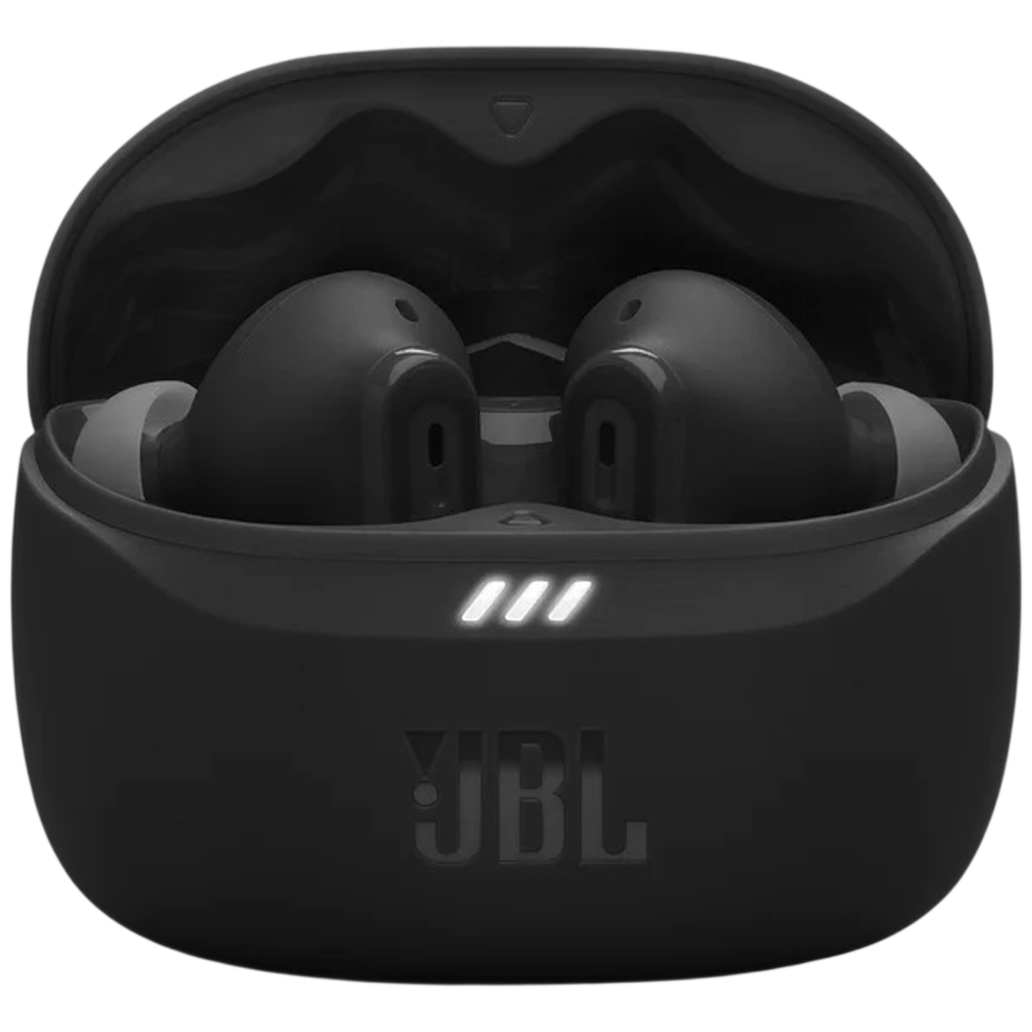Black JBL earbud case with wireless earbuds and charging indicator lights.