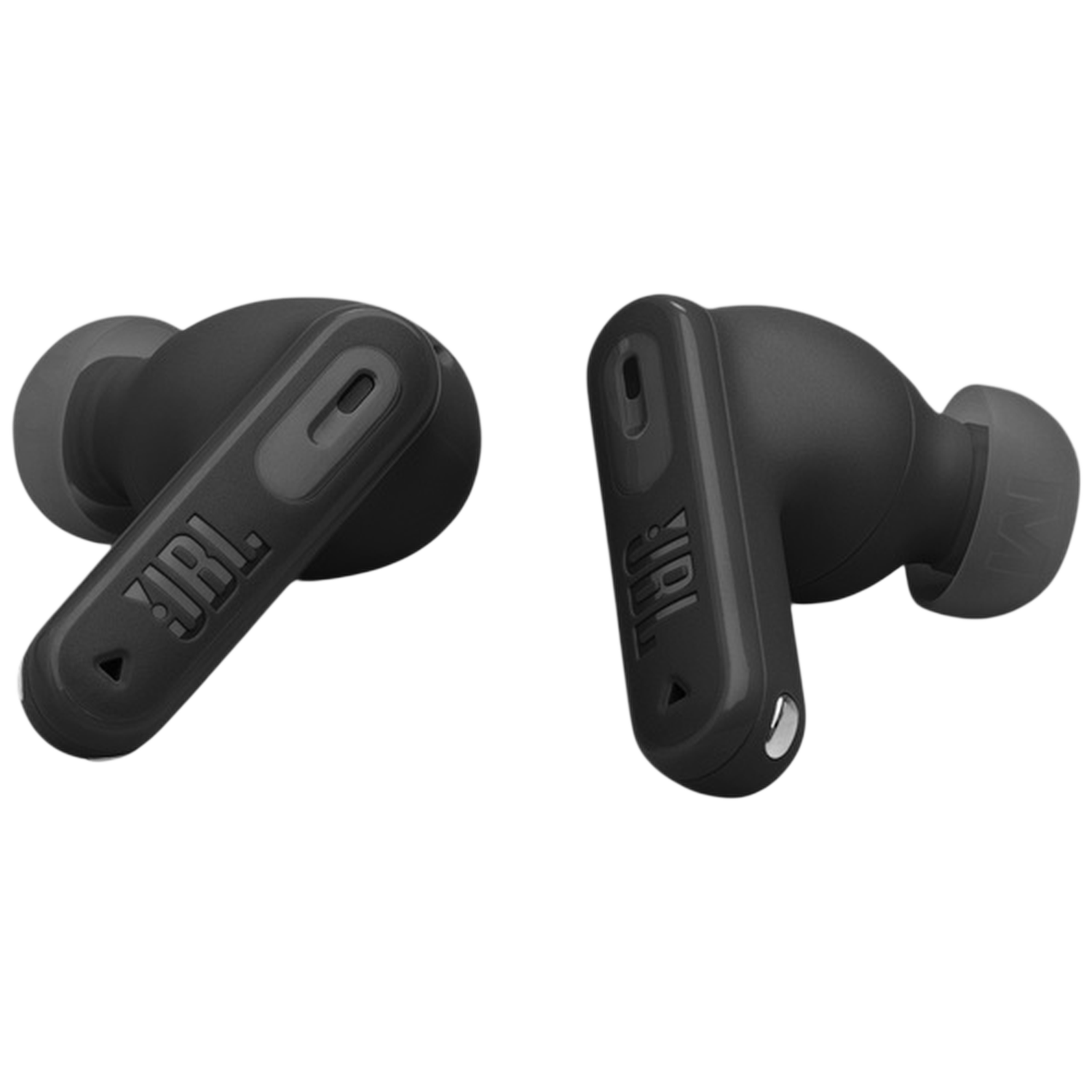 Two black JBL earbuds with stems, on a white background.