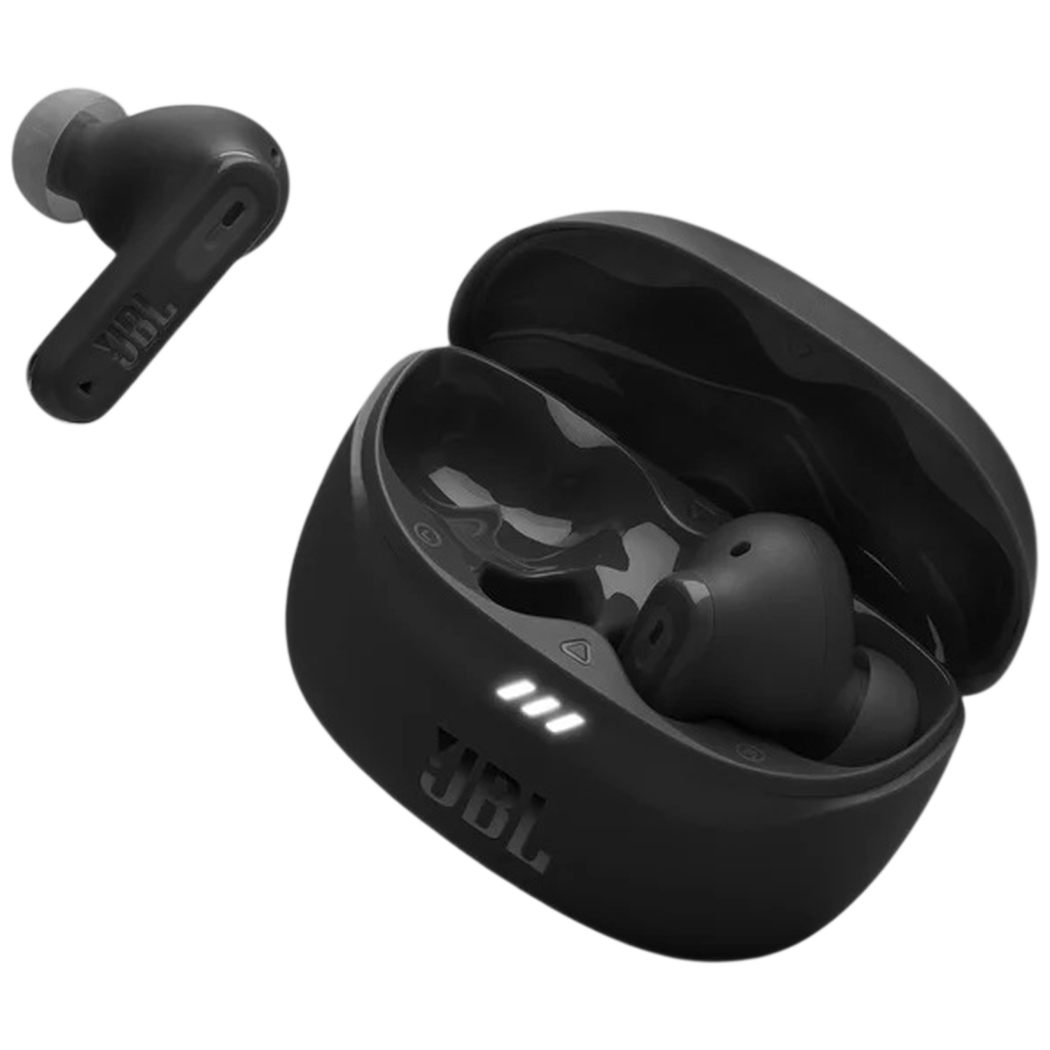 Black JBL earbuds in and out of their charging case.