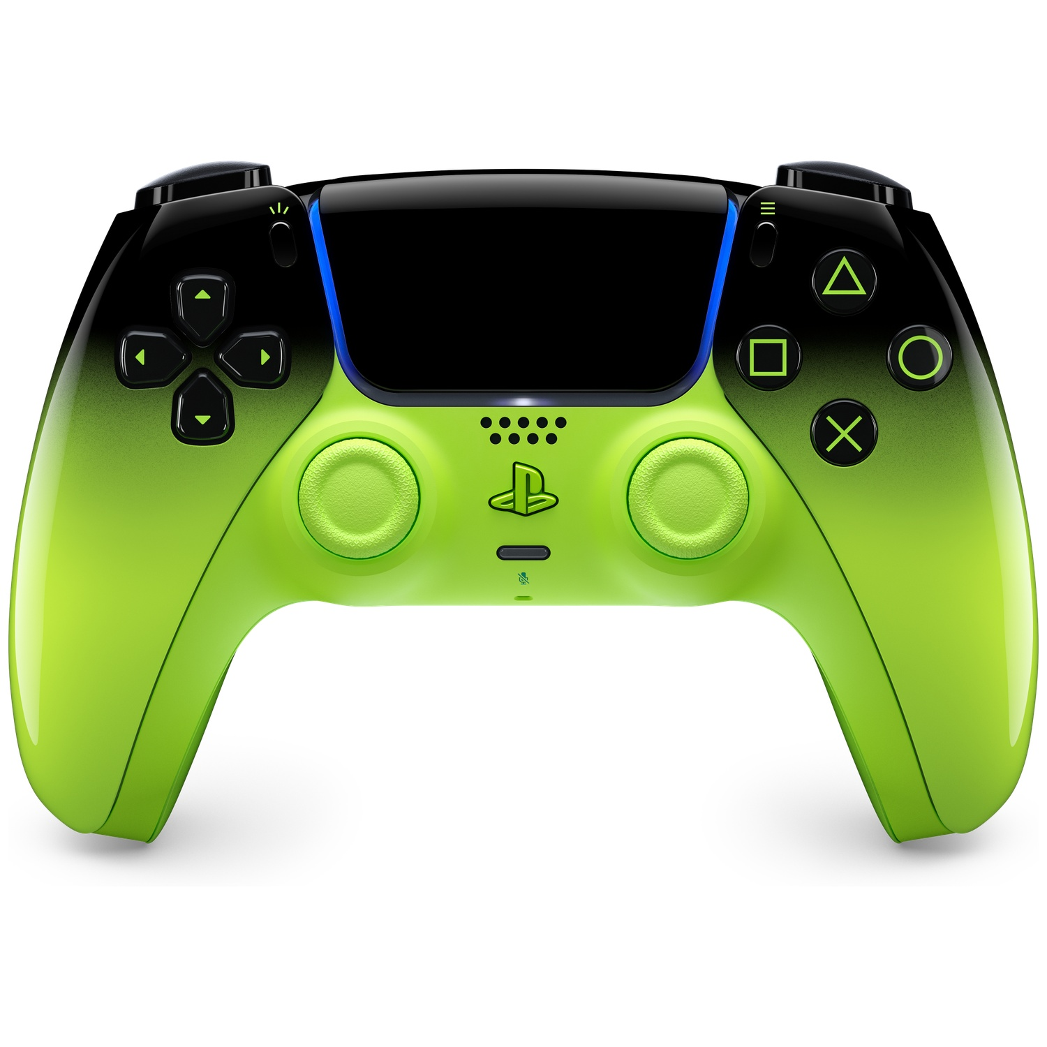 Black and neon green gradient PlayStation 5 controller with buttons.
