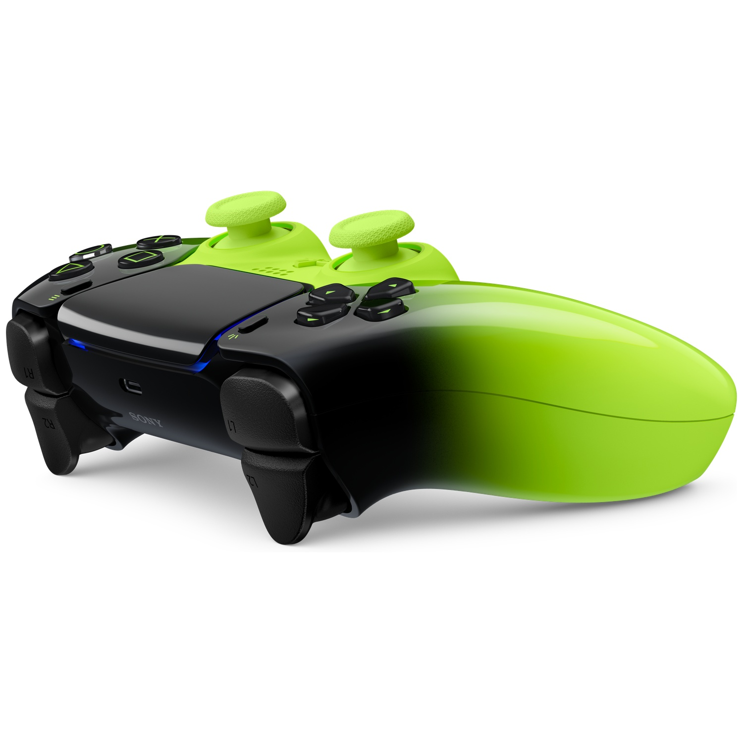 A black and neon green controller with two joysticks and buttons.