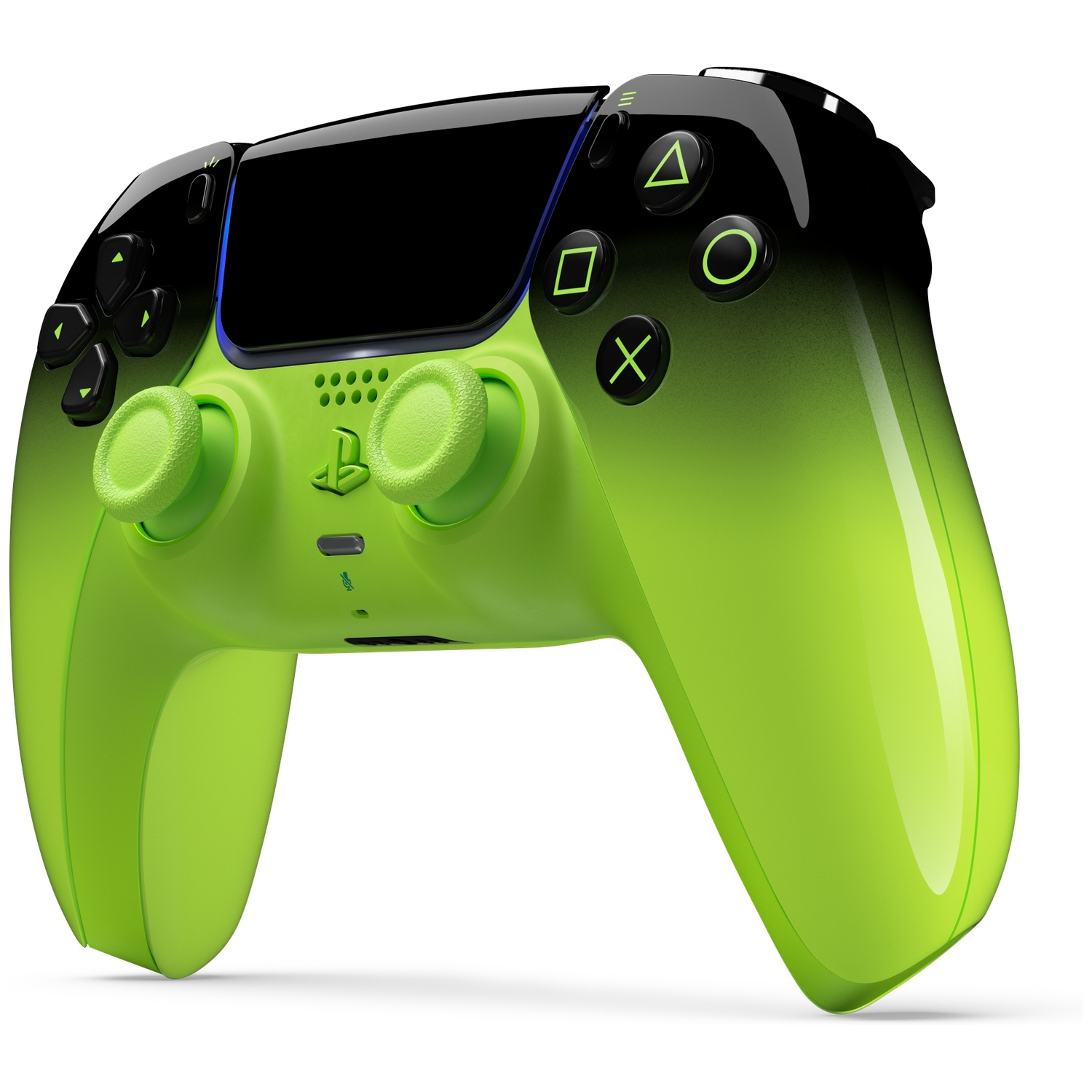 A bright green and black controller with symbols on a white background.