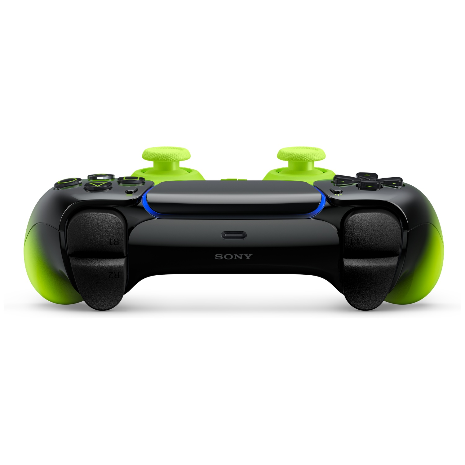 Black controller with green accents and joysticks, Sony logo.