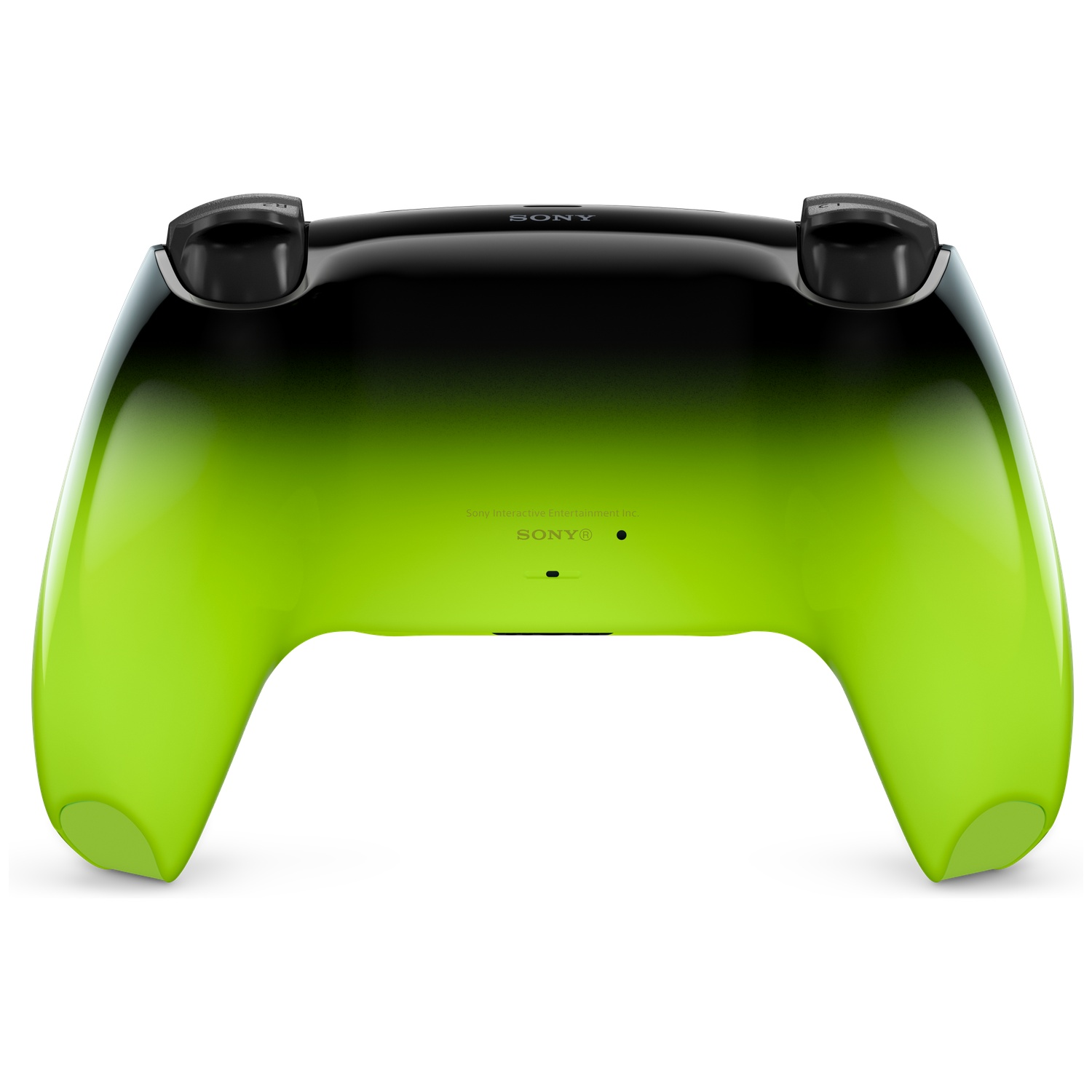 A black and green gradient Sony controller is shown from the back, on a white background.