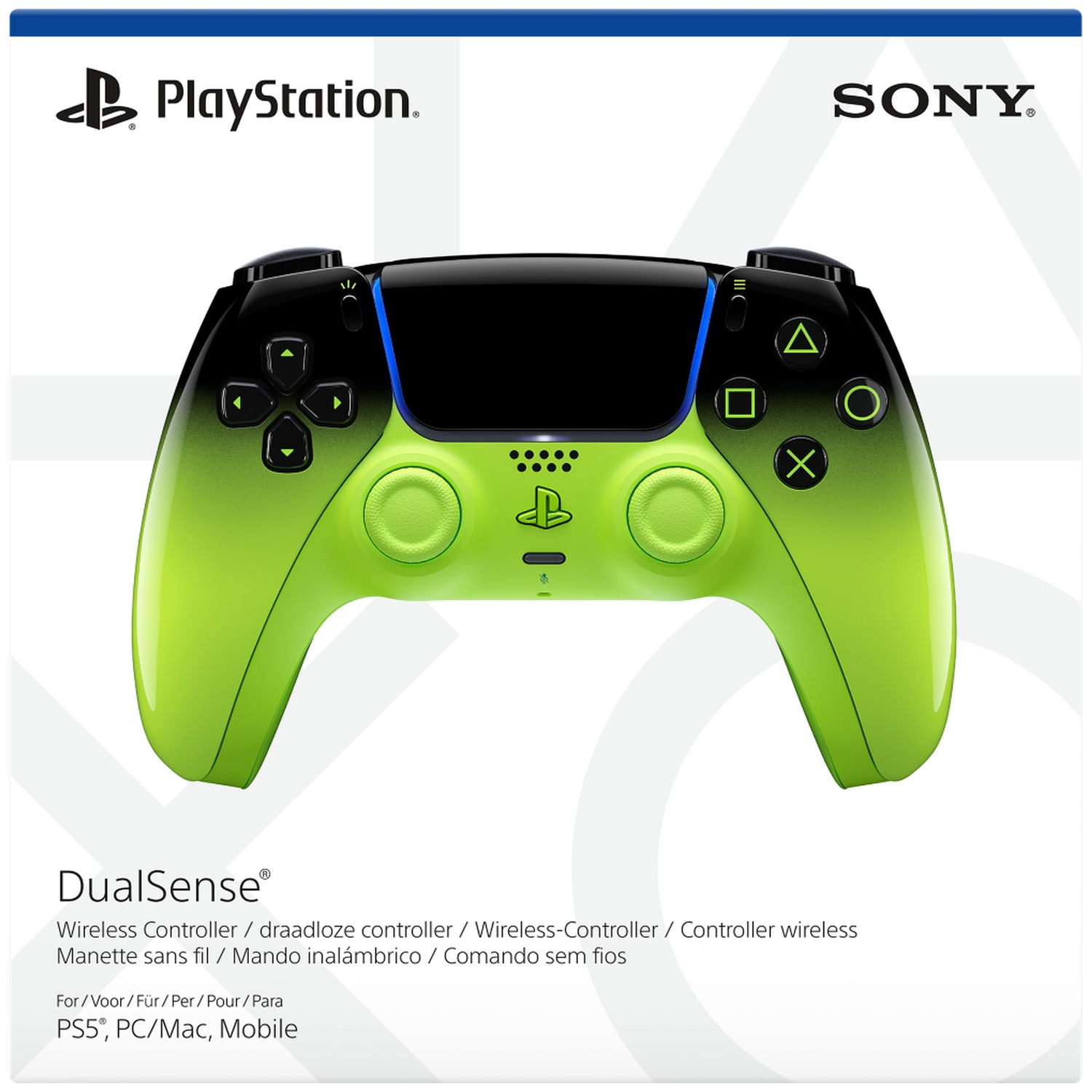 A black and green PlayStation DualSense controller with the Sony logo.