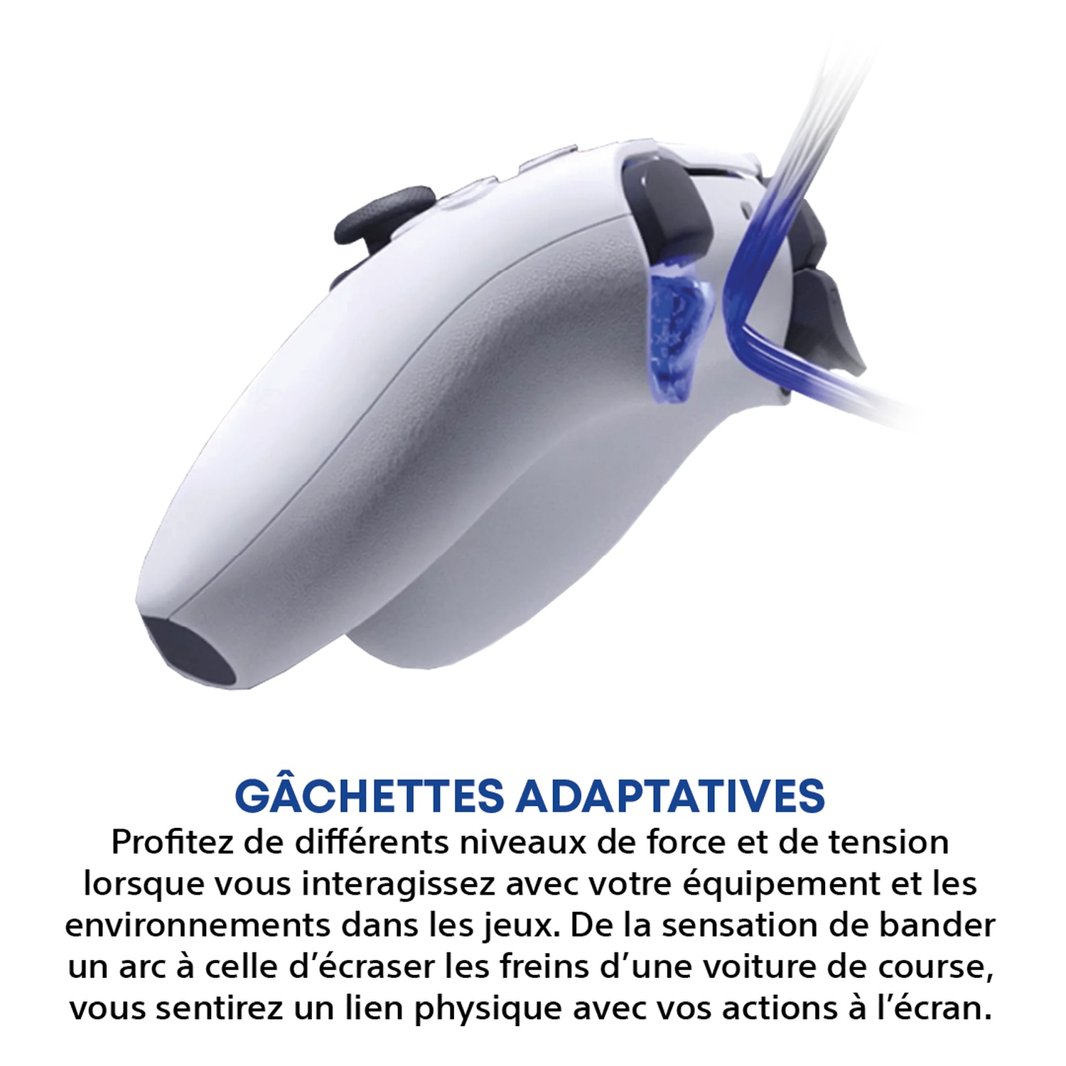 Une manette blanche avec des gâchettes adaptatives visibles et des accents bleus.
