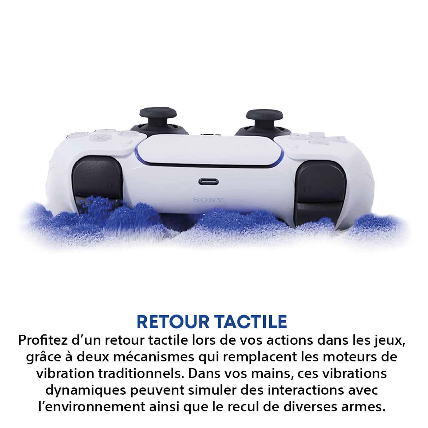 Une manette blanche Sony repose sur des particules bleues. Elle a des joysticks noirs.