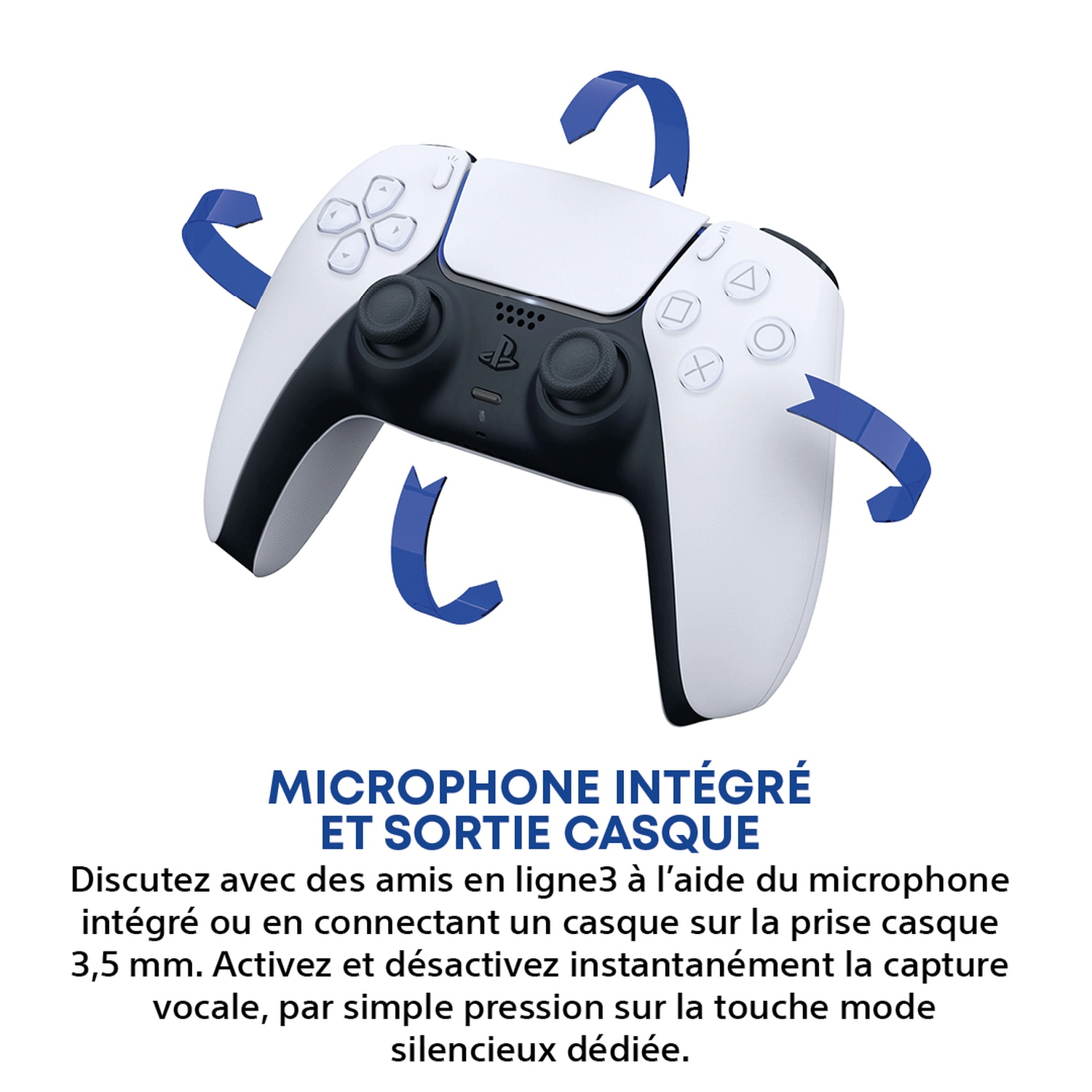 Manette PS5 blanche et noire avec flèches bleues indiquant les fonctions micro et casque.