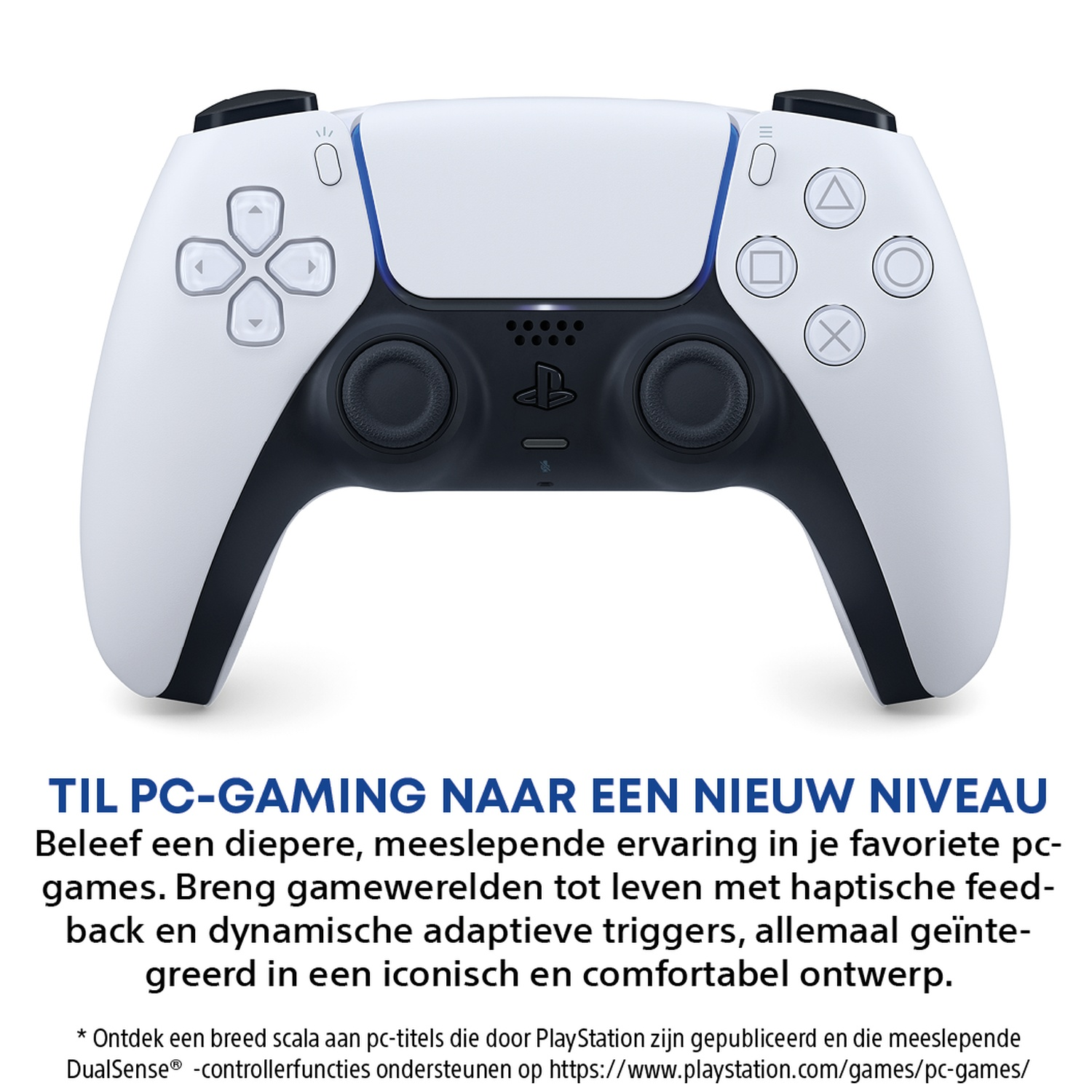 A white PlayStation DualSense controller with black accents on a white background.