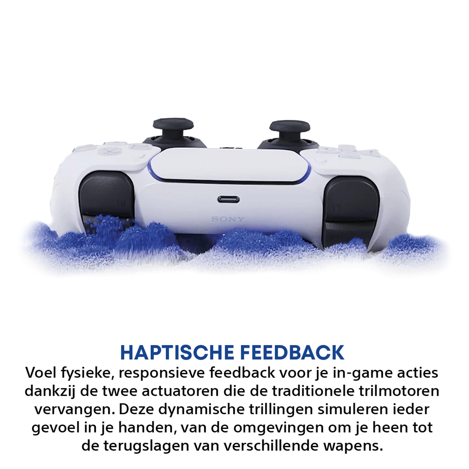 A white PlayStation 5 controller with blue, swirling elements below it.