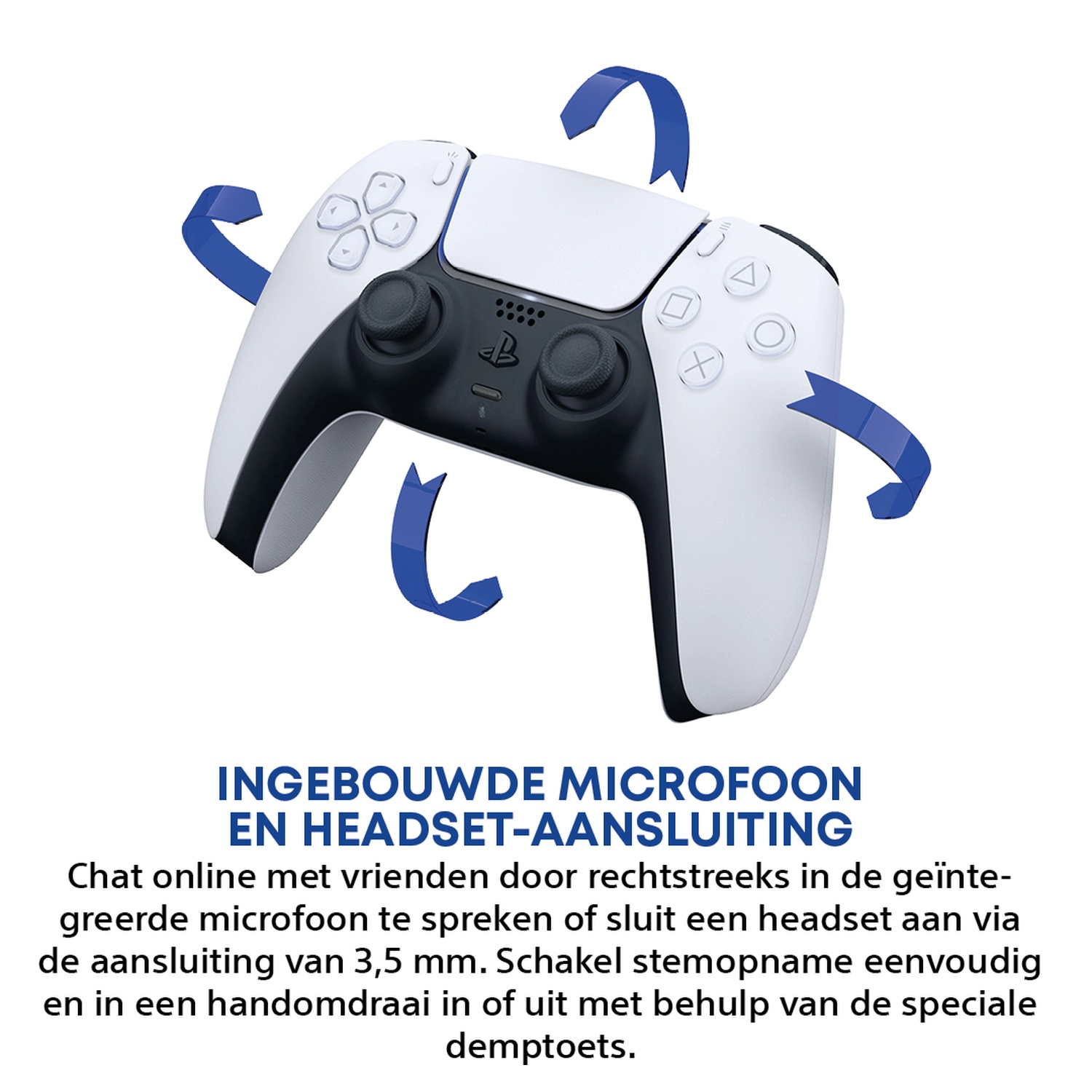 White and black PlayStation 5 controller with blue arrows. Built-in microphone.