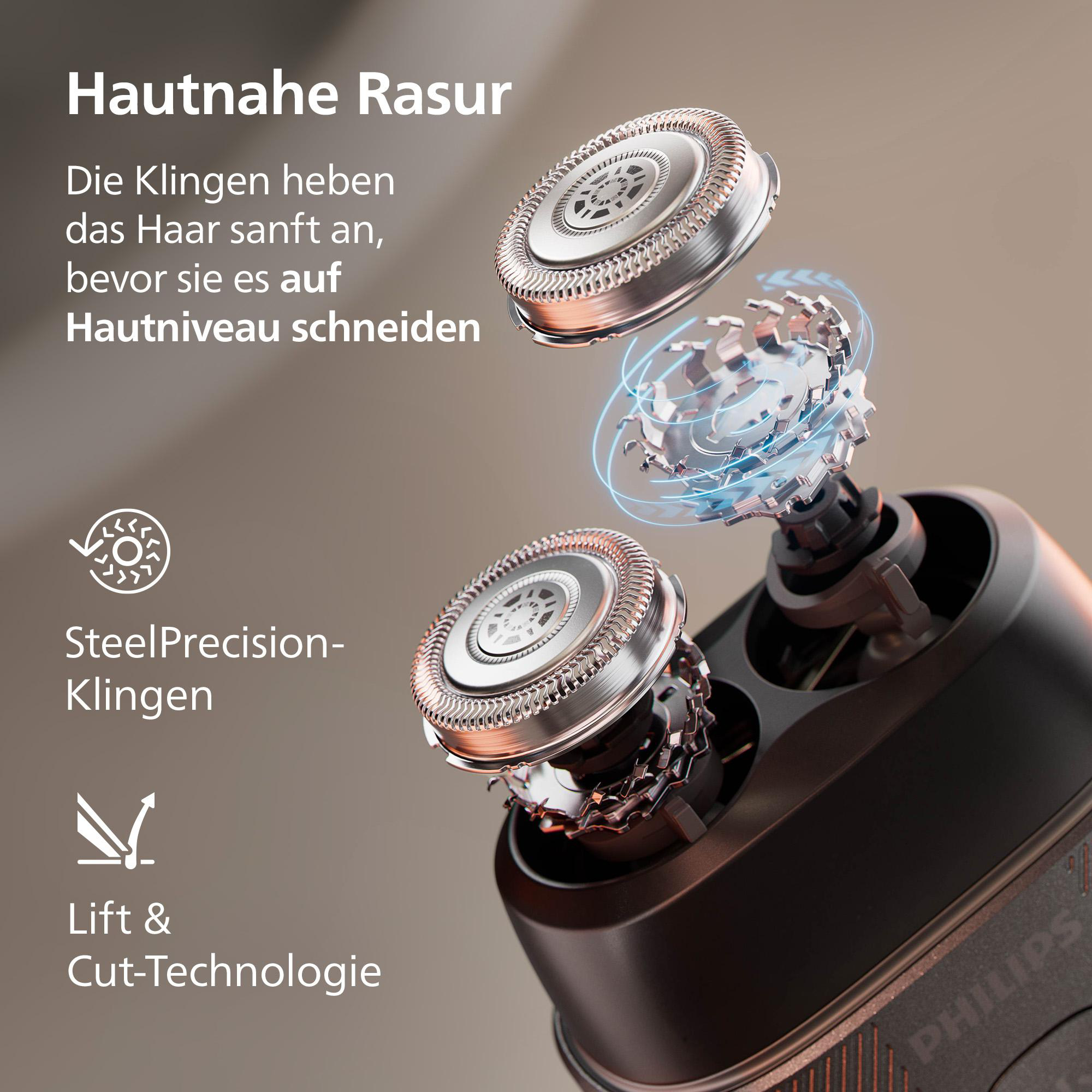 Nahaufnahme einer Rasierklinge mit "Lift & Cut"-Technologie. Nahaufnahme einer Rasierklinge.