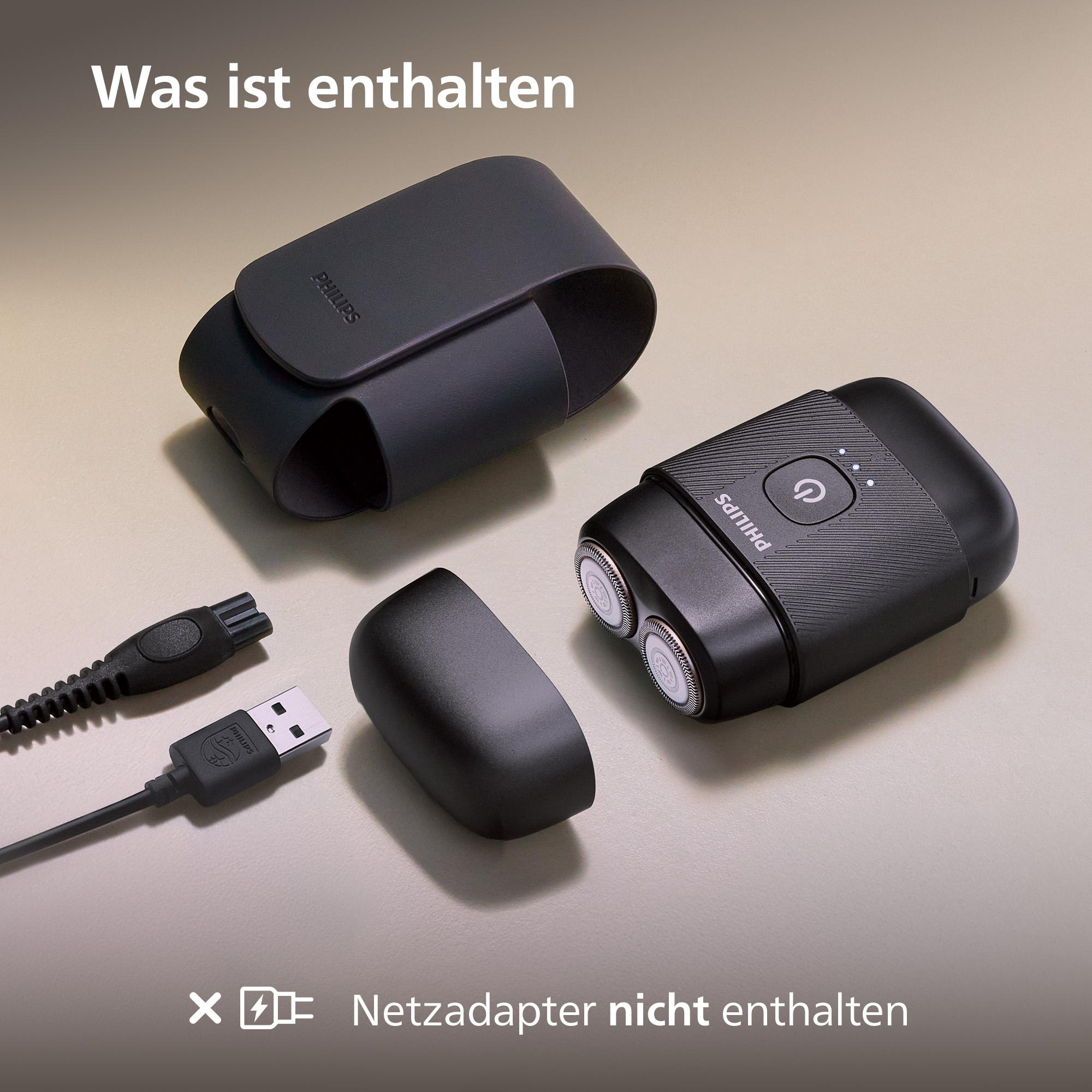 Ein schwarzer Philips Rasierer mit Zubehör: Ladekabel, Schutzkappe und Tasche.