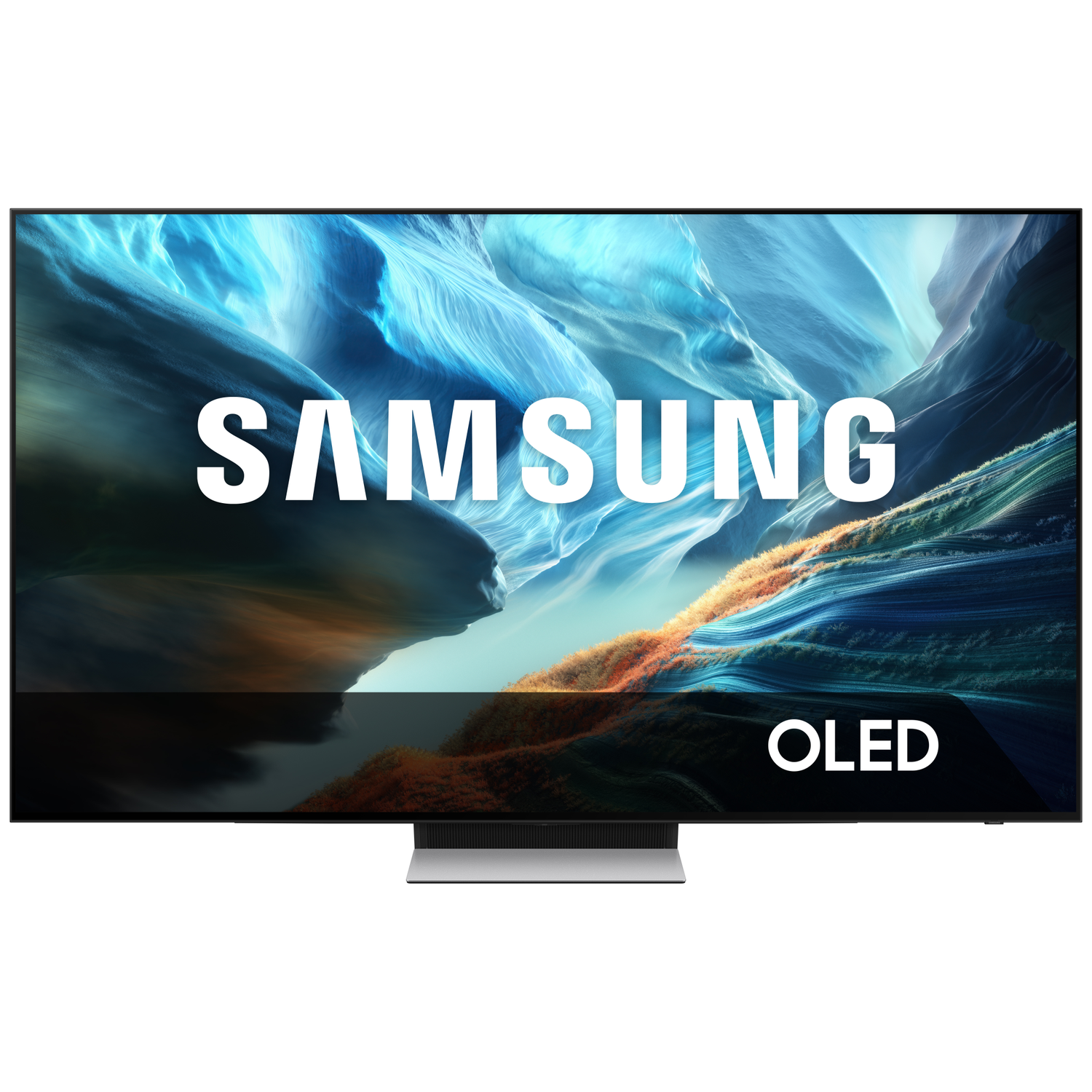 A Samsung OLED TV displaying a mountain-like landscape on screen.