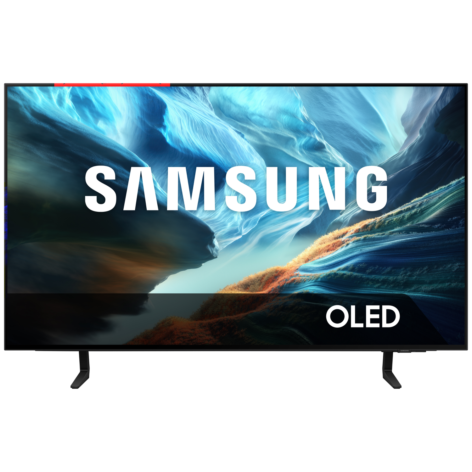 Samsung OLED TV with a colorful abstract display and stand.