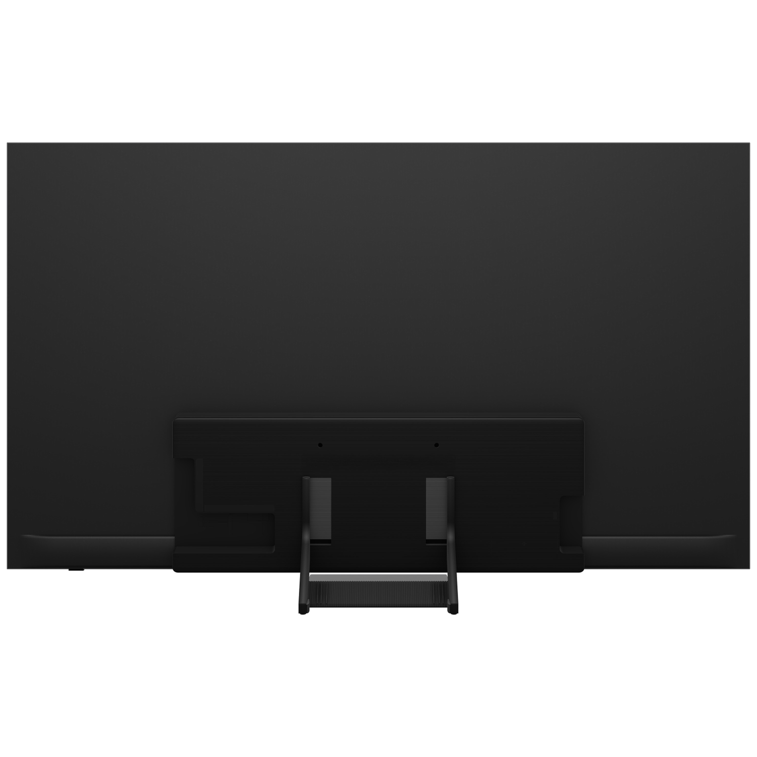 The back of a black television set with a slim stand.