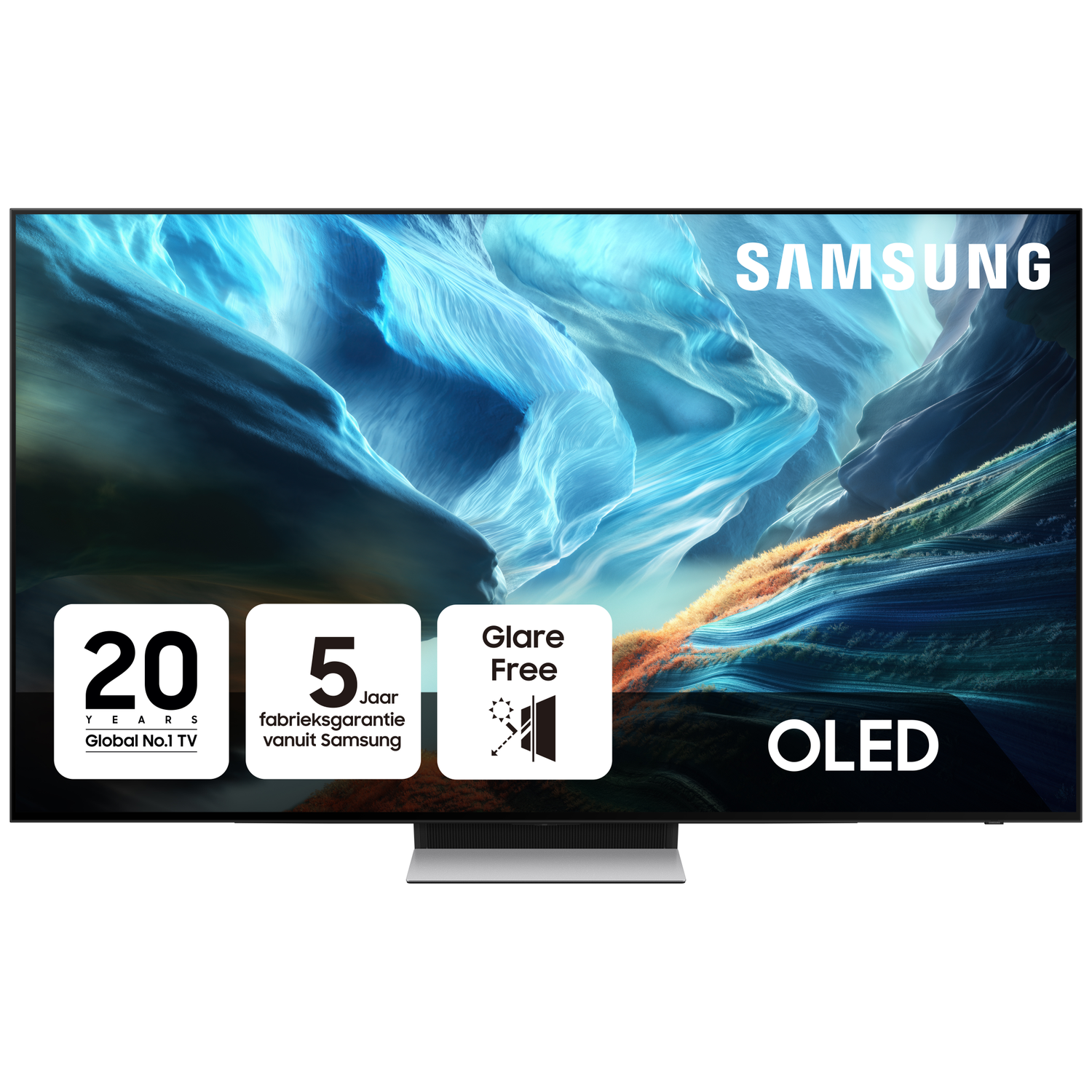 Samsung OLED TV with 20 years warranty, 5 year warranty, glare free.
