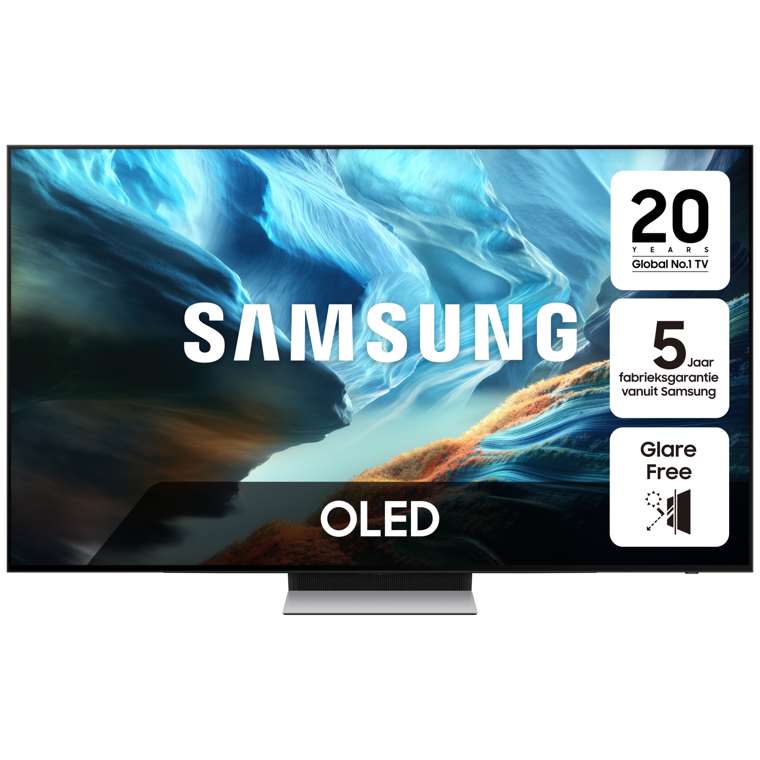 Samsung OLED TV with abstract background, 20 years warranty.