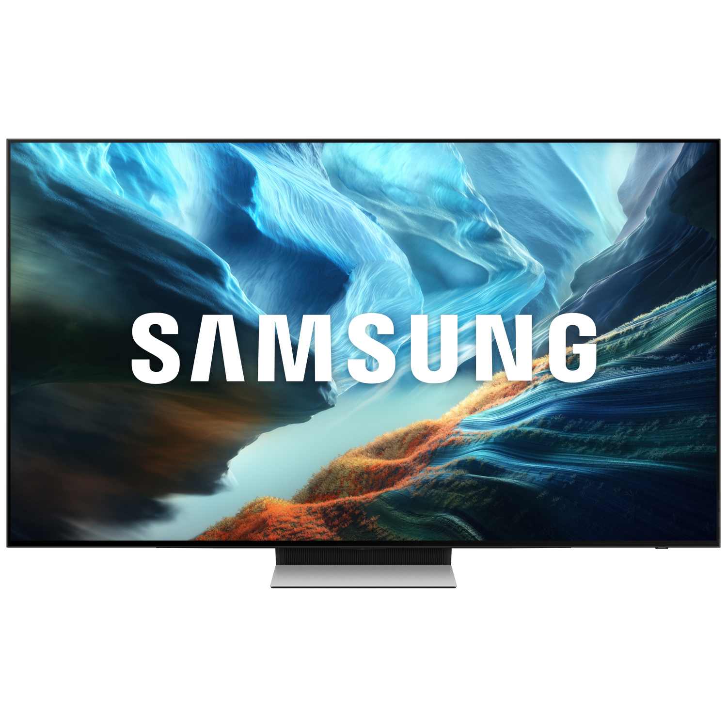 A Samsung TV displaying an abstract, colorful image with the Samsung logo.