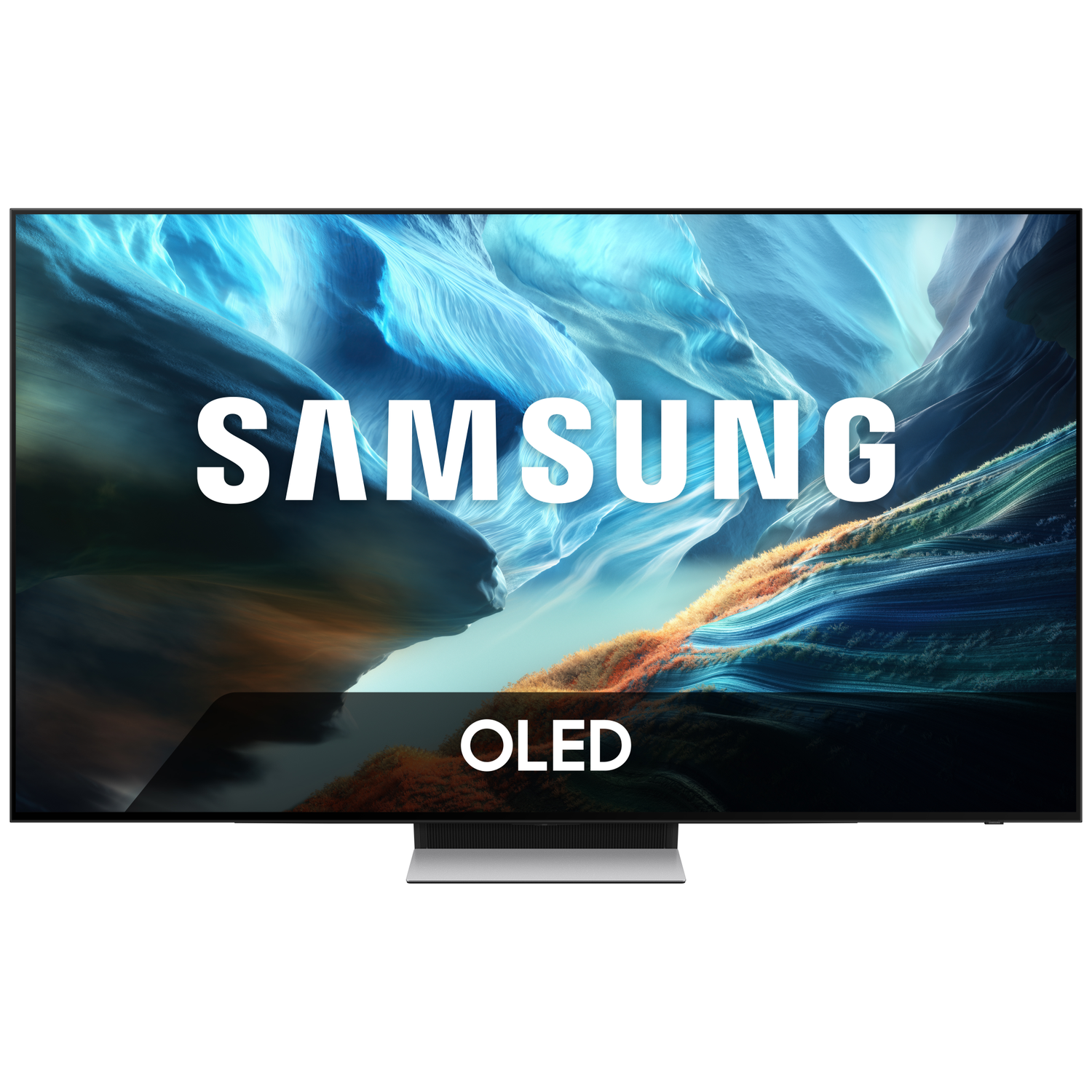 A Samsung OLED TV displaying an abstract blue and orange landscape on screen.