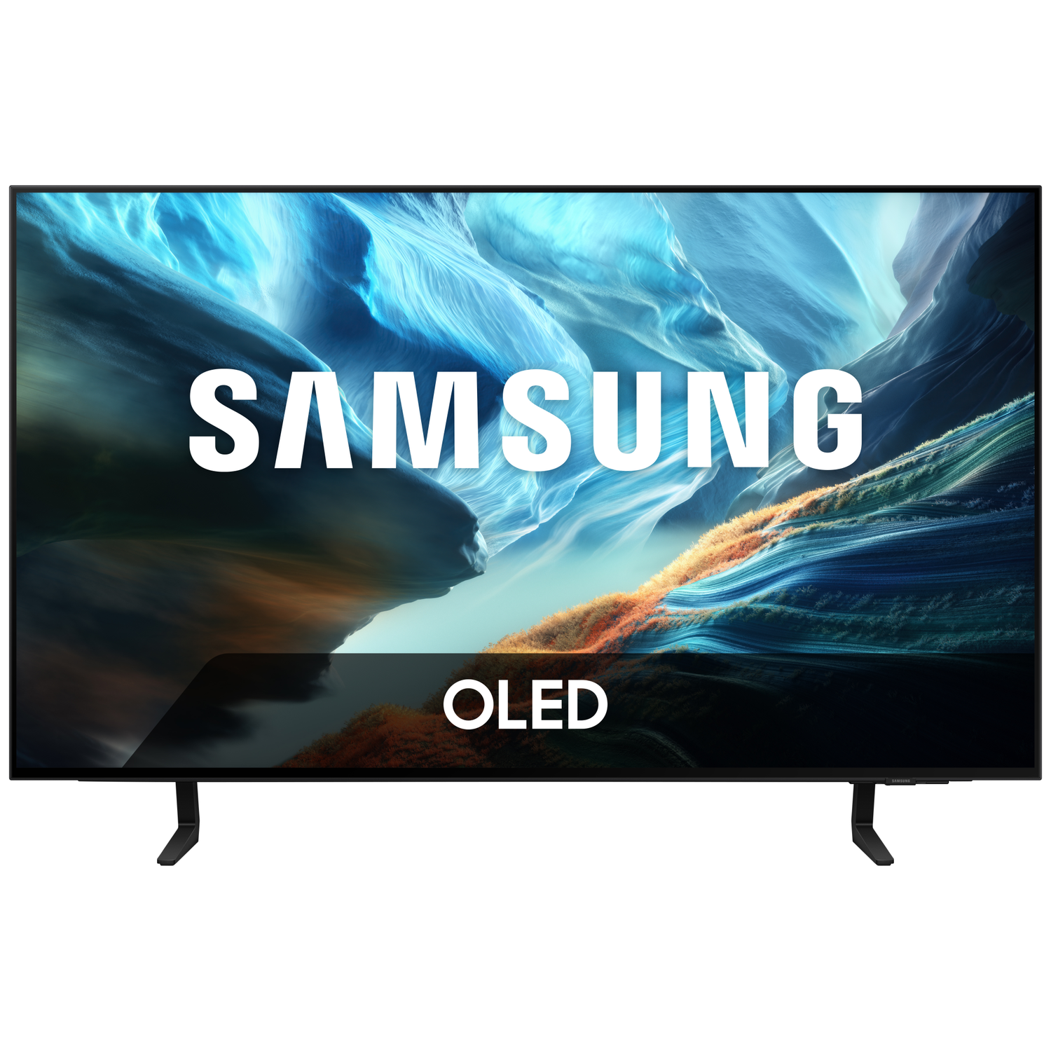 A Samsung OLED TV displaying an abstract background. White text reads 'SAMSUNG OLED'.