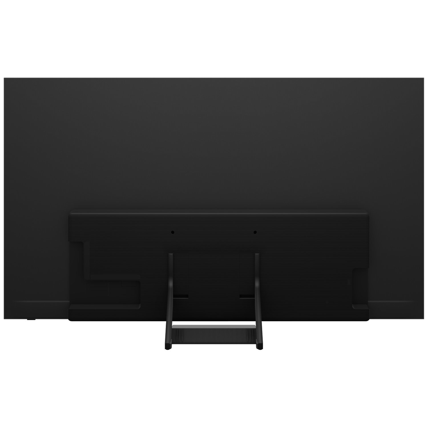 The back of a black television set with a narrow stand.