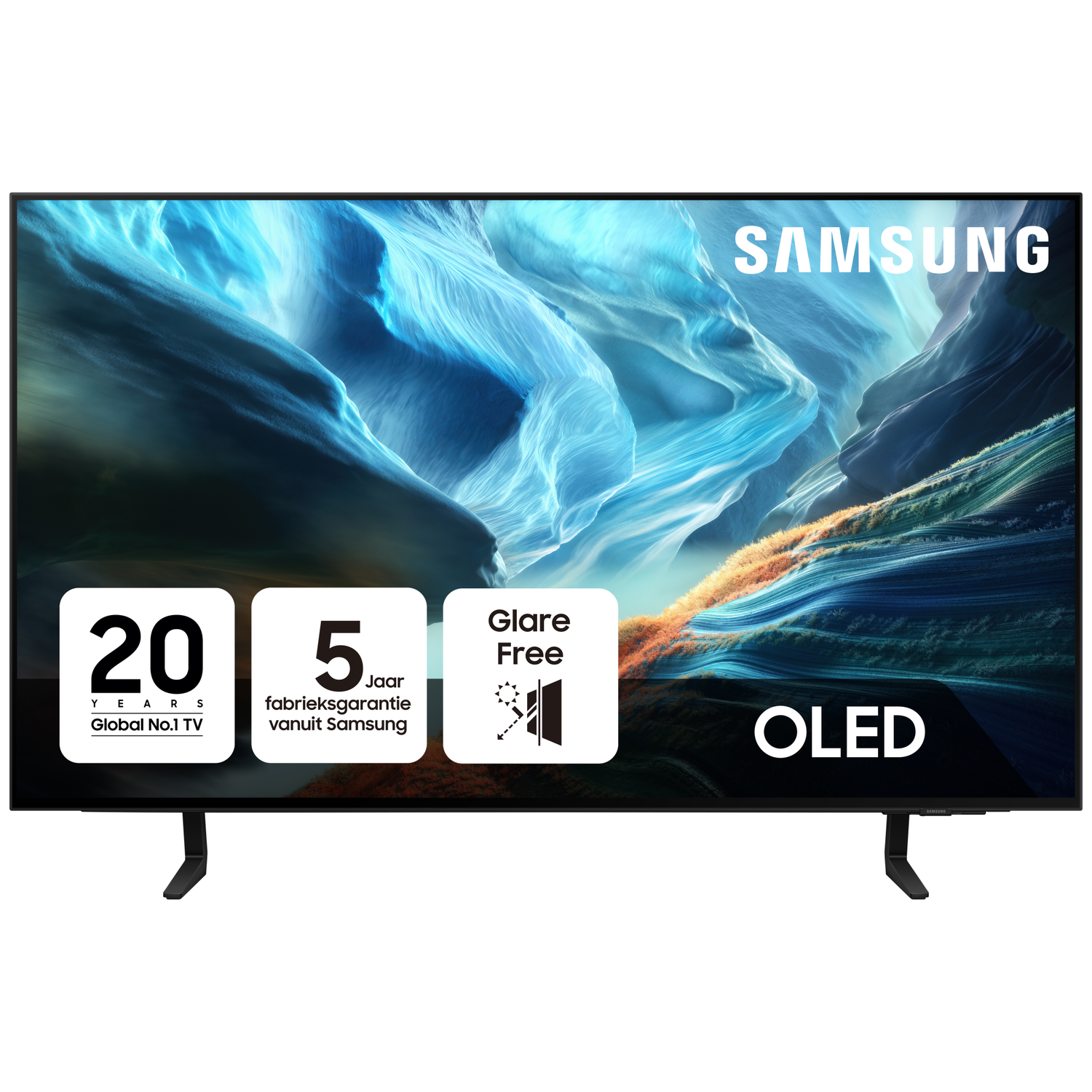 Samsung OLED TV with abstract blue and orange background. Features 20 Years Global No.1 TV, 5 Year Warranty.