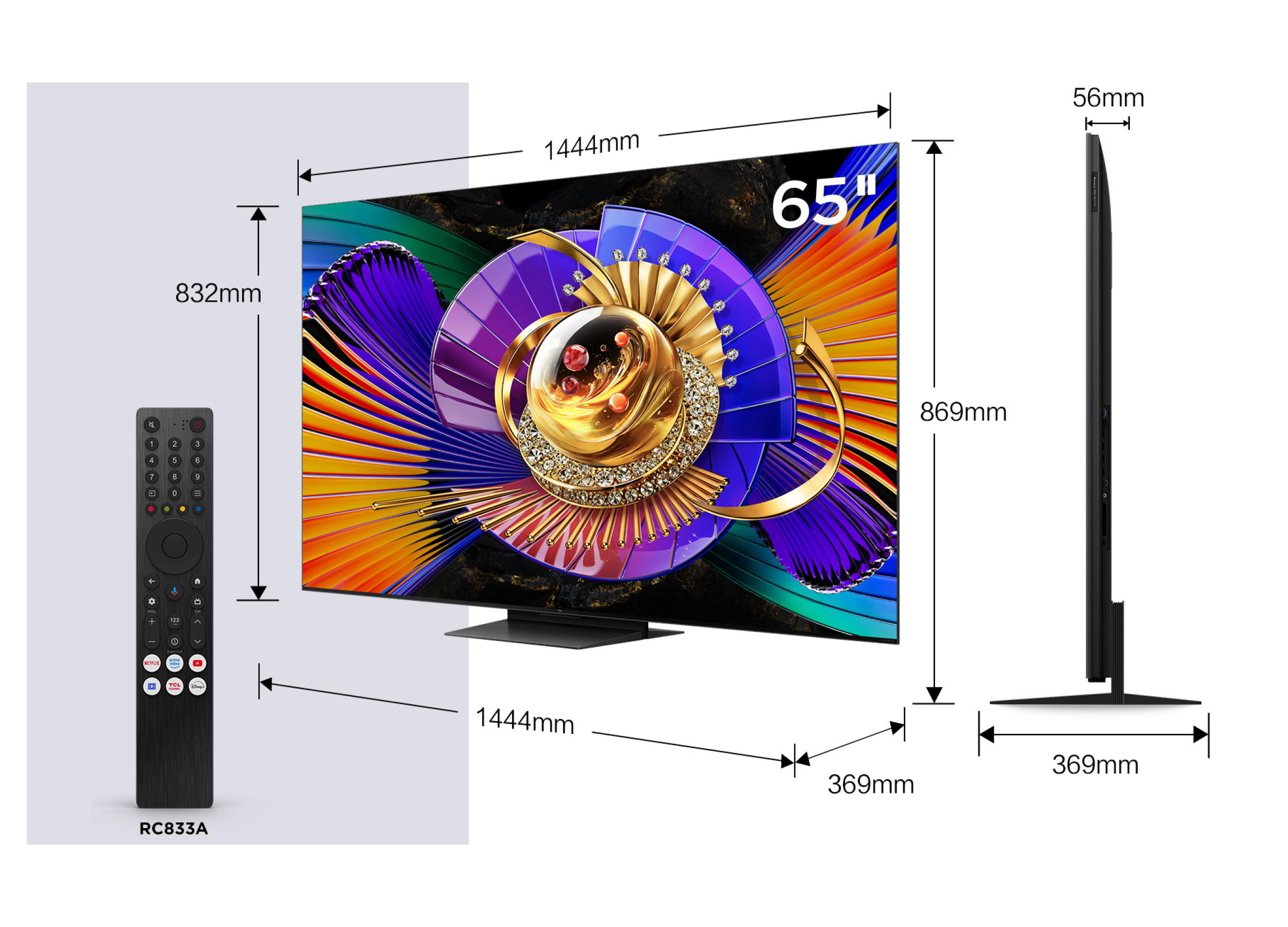 Ein 65-Zoll-Fernseher mit Fernbedienung und Maßangaben.